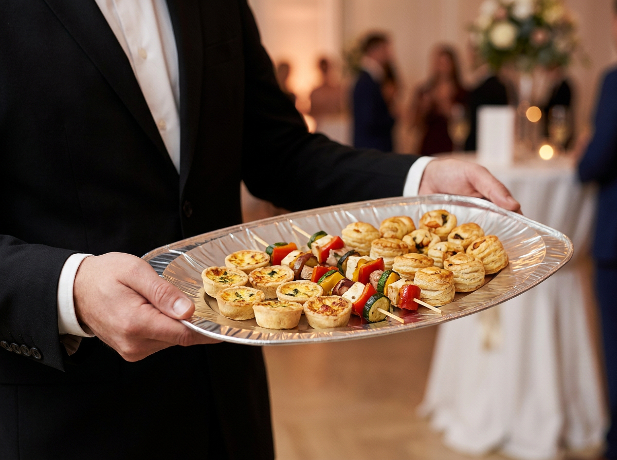 Finger food being served on a foil tray.