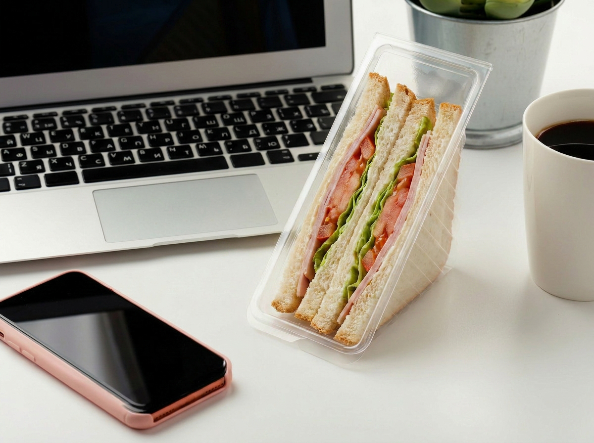 A takeaway sandwich in a clear sandwich wedge container sitting on a computer desk.