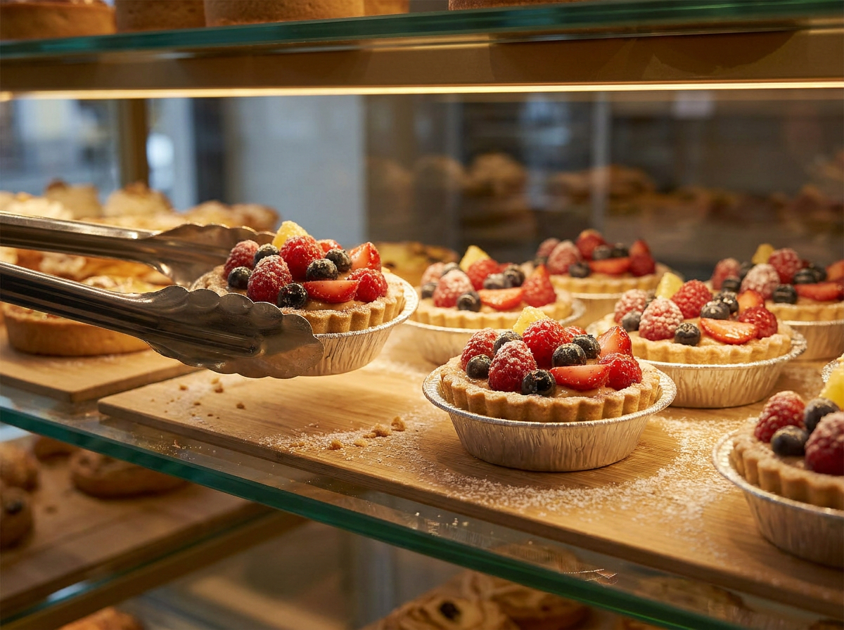 A pair of tongs is removing a berry tart from a bakery cabinet.
