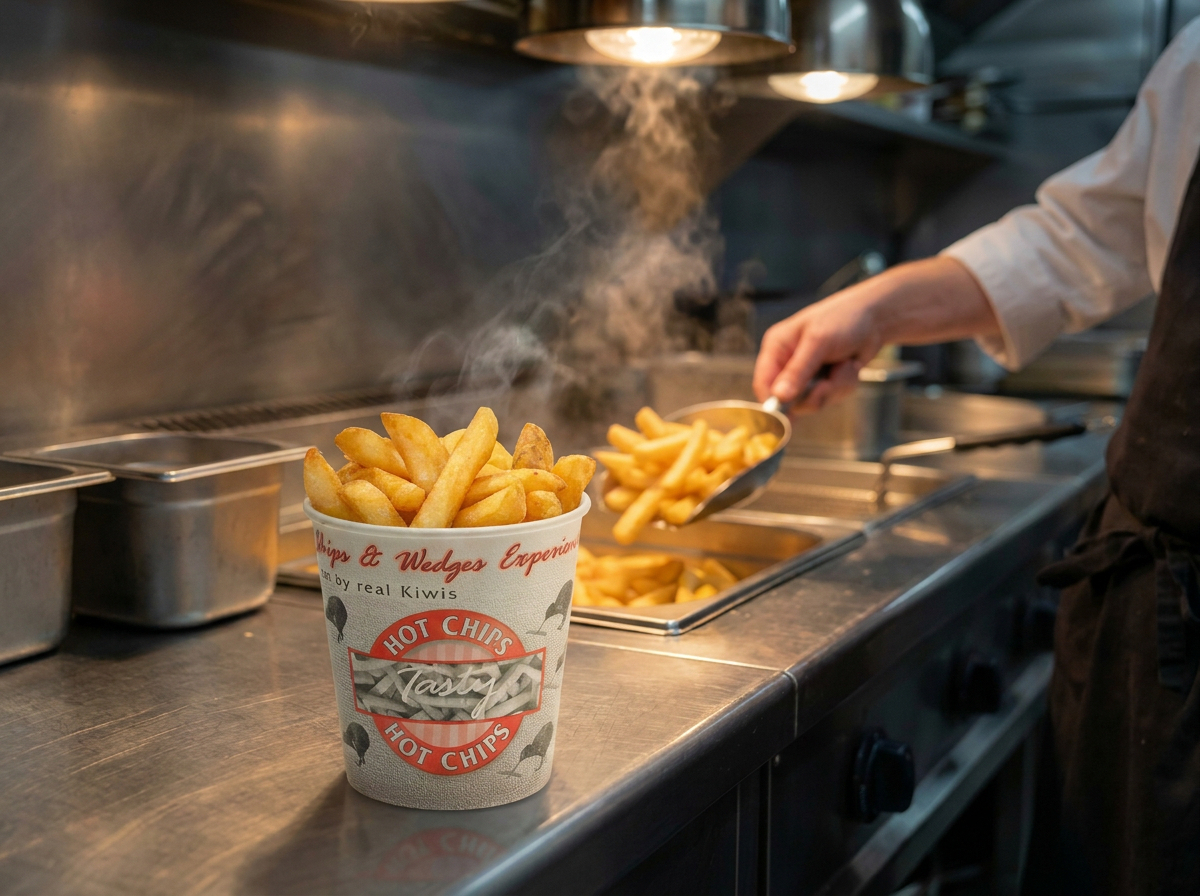 Emperor Chip cup filled with hot chips sitting on a stainless steel bench