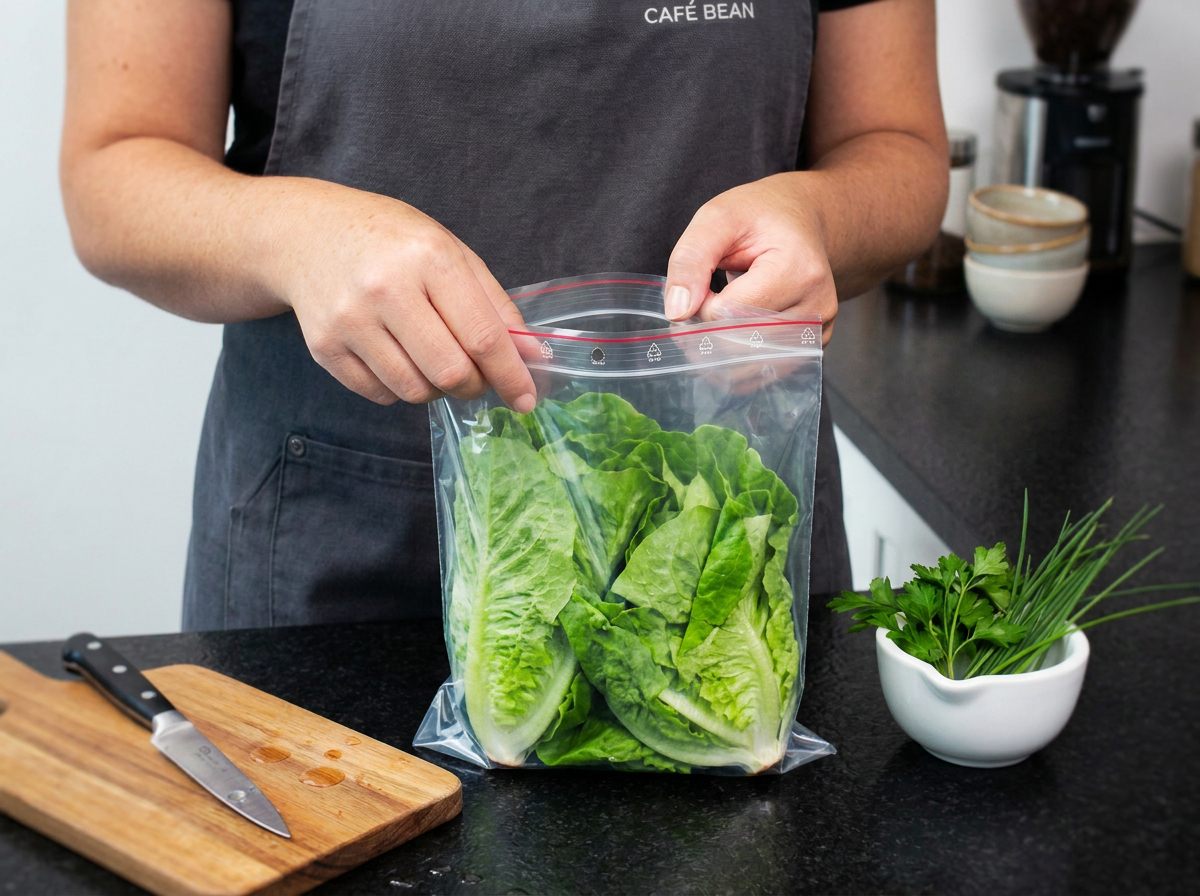 A cafe worker opening a click seal bag of lettuce.