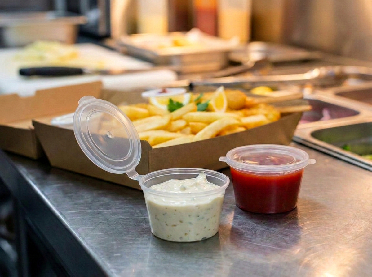 Sauce in small containers ready for takeaway.