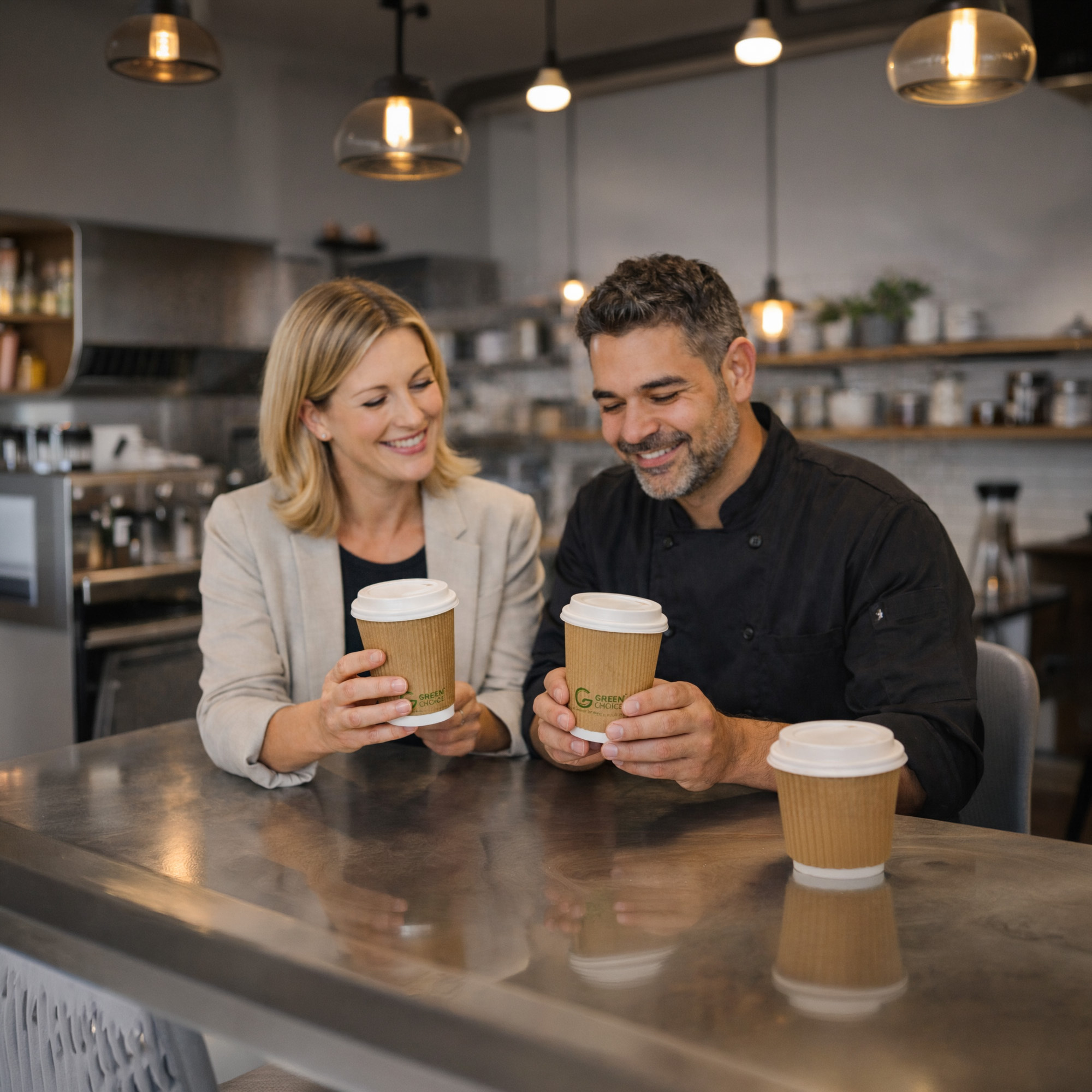 two people discussing and comparing Green Choice coffee cups in a cafe setting