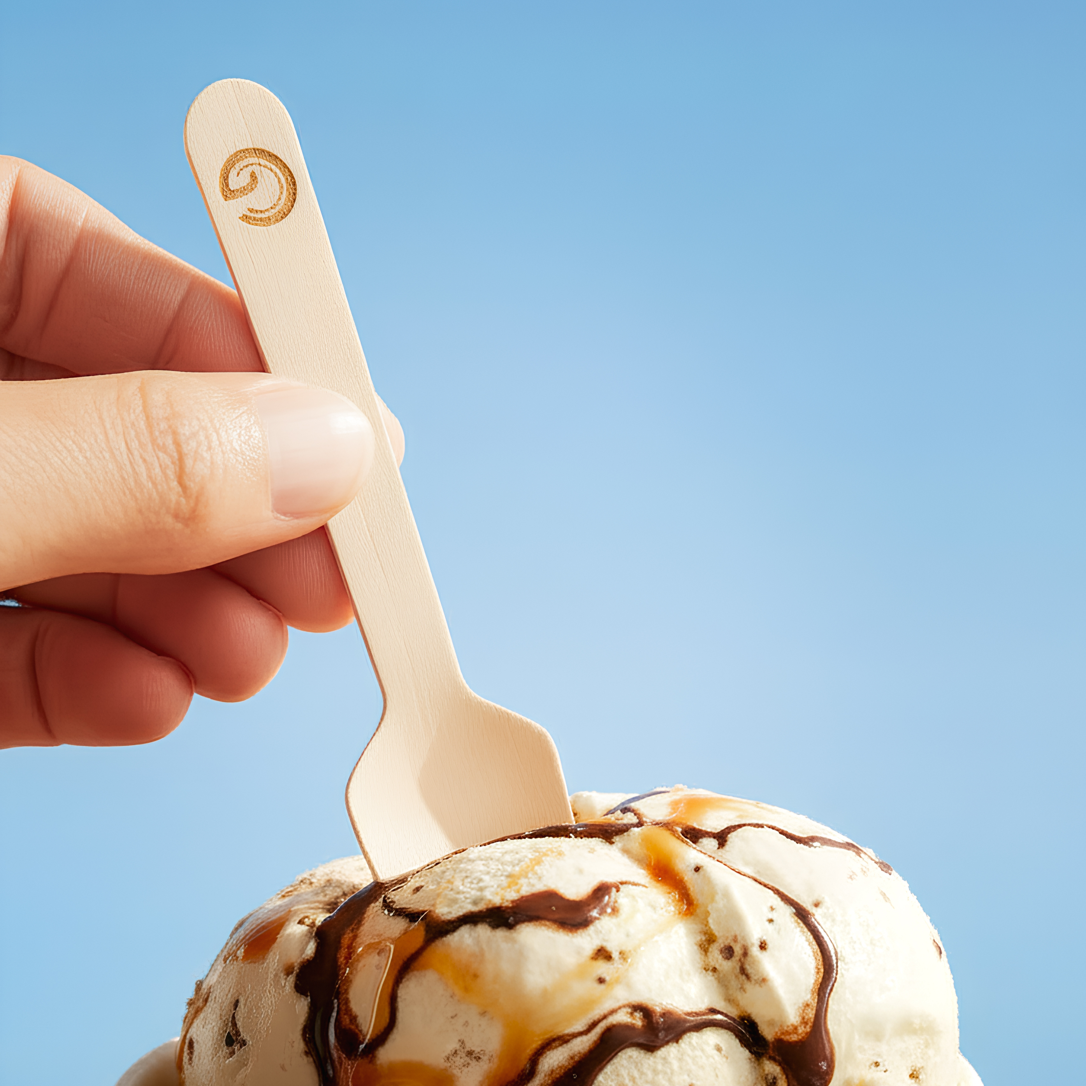Green Choice wooden ice cream spoon is sitting in a yummy ice cream with a bright blue sky background.