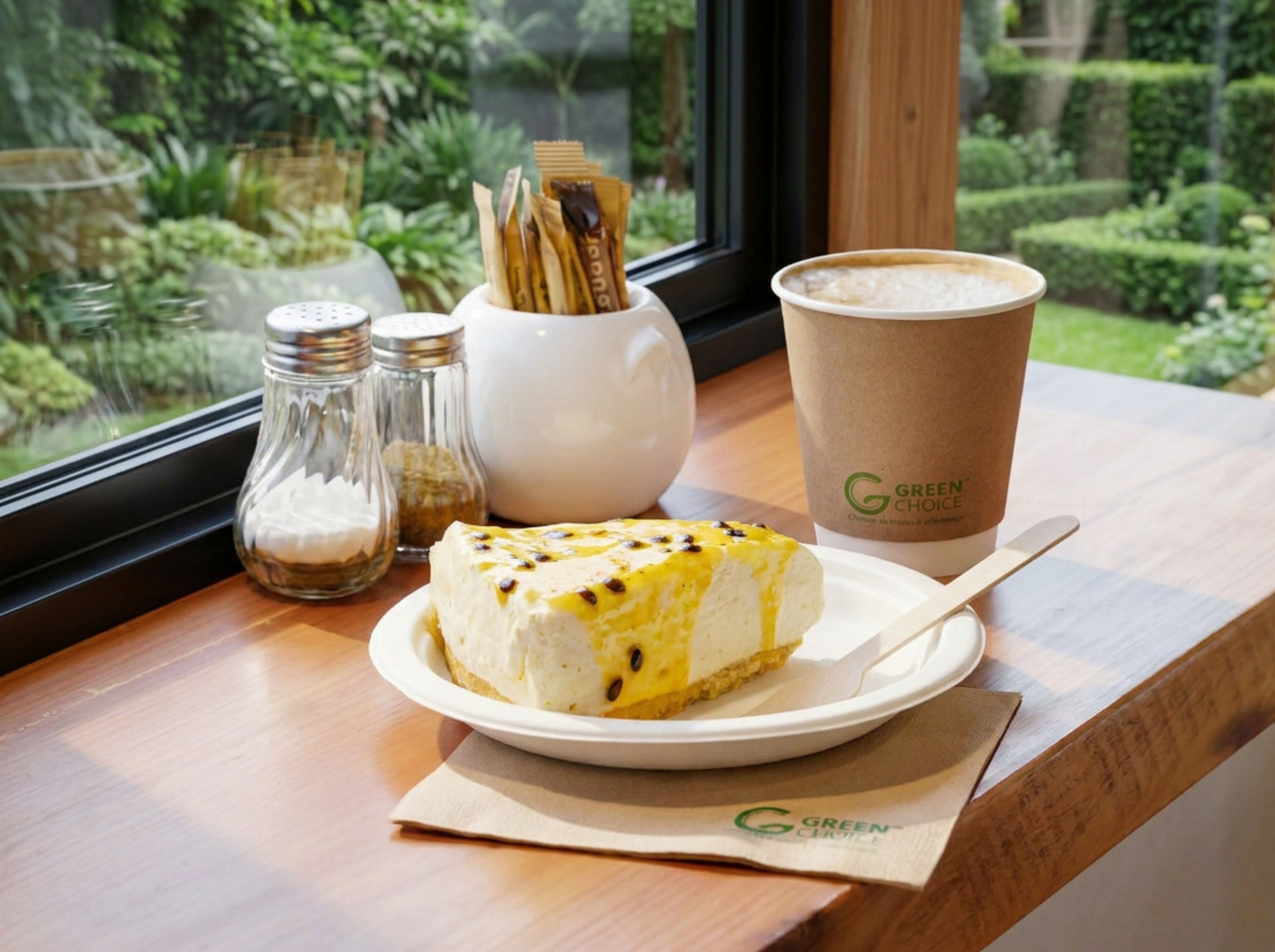 Cheesecake on a sugarcane plate with a coffee in a Green Choice coffee cup sitting on a table at a cafe
