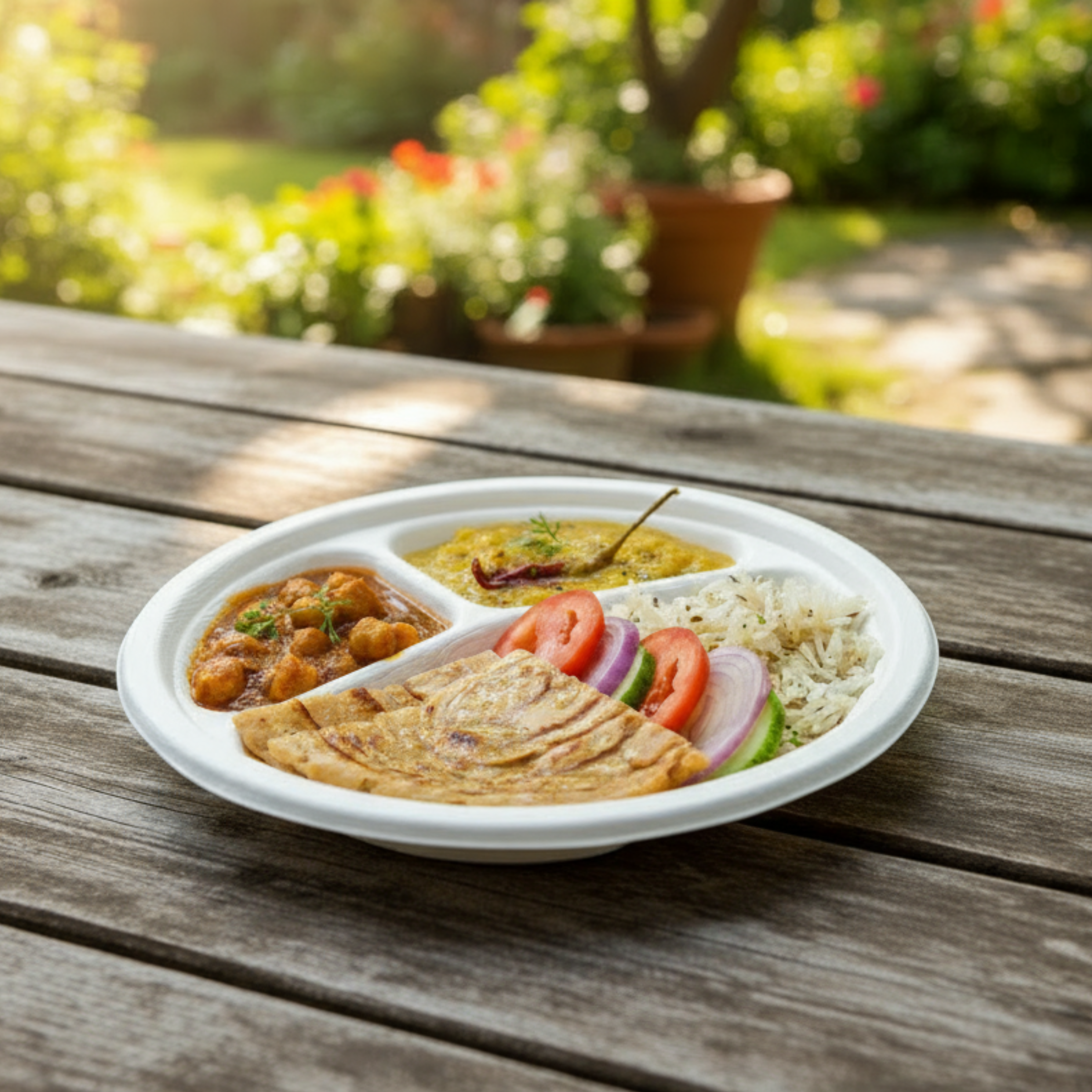 Sugarcane 3-compartment plate with food sitting on an outdoor table