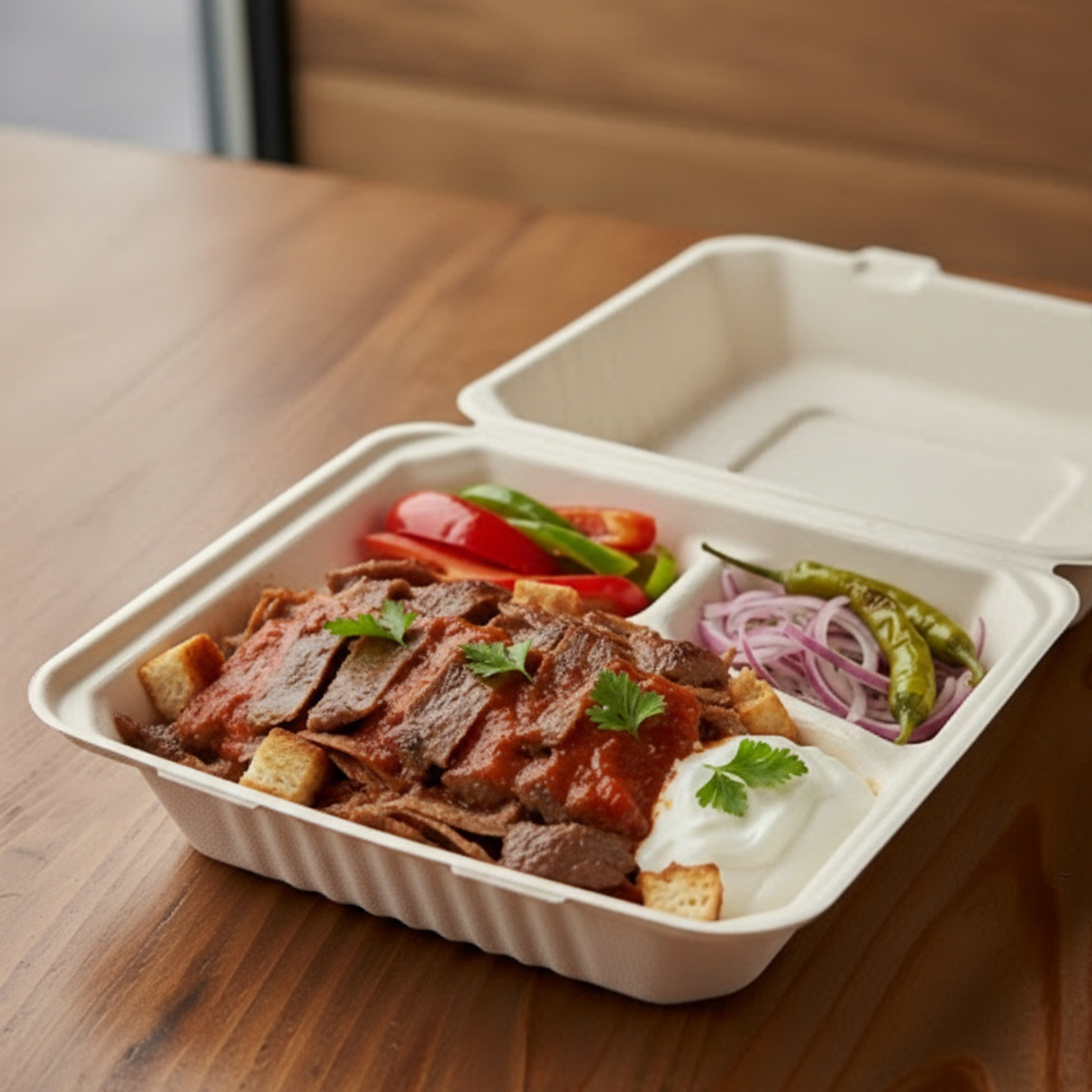 a 3-compartment sugarcane container filled with food sitting on the bench.