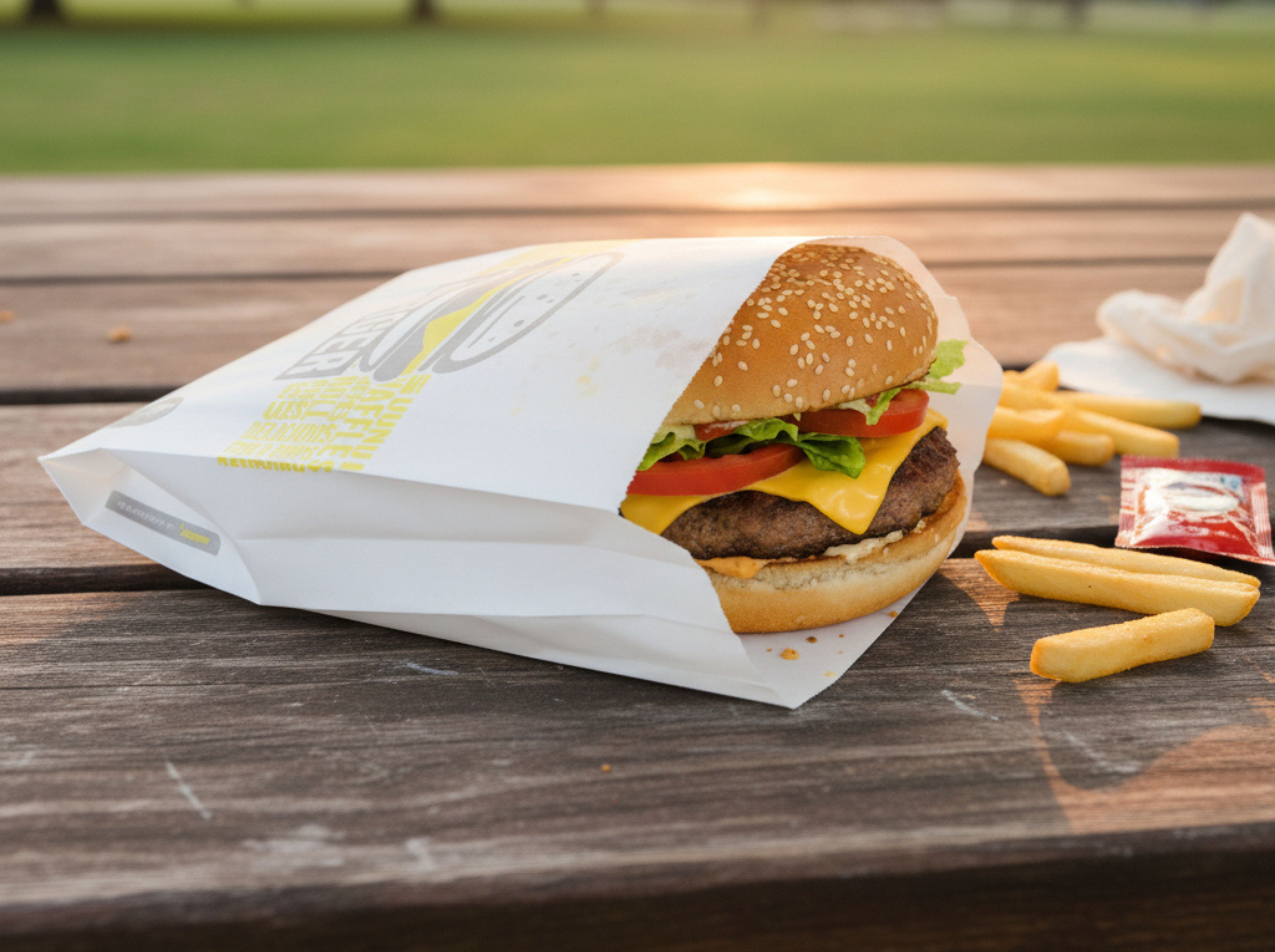 A burger in a Burger Bag sitting on a picnic table.