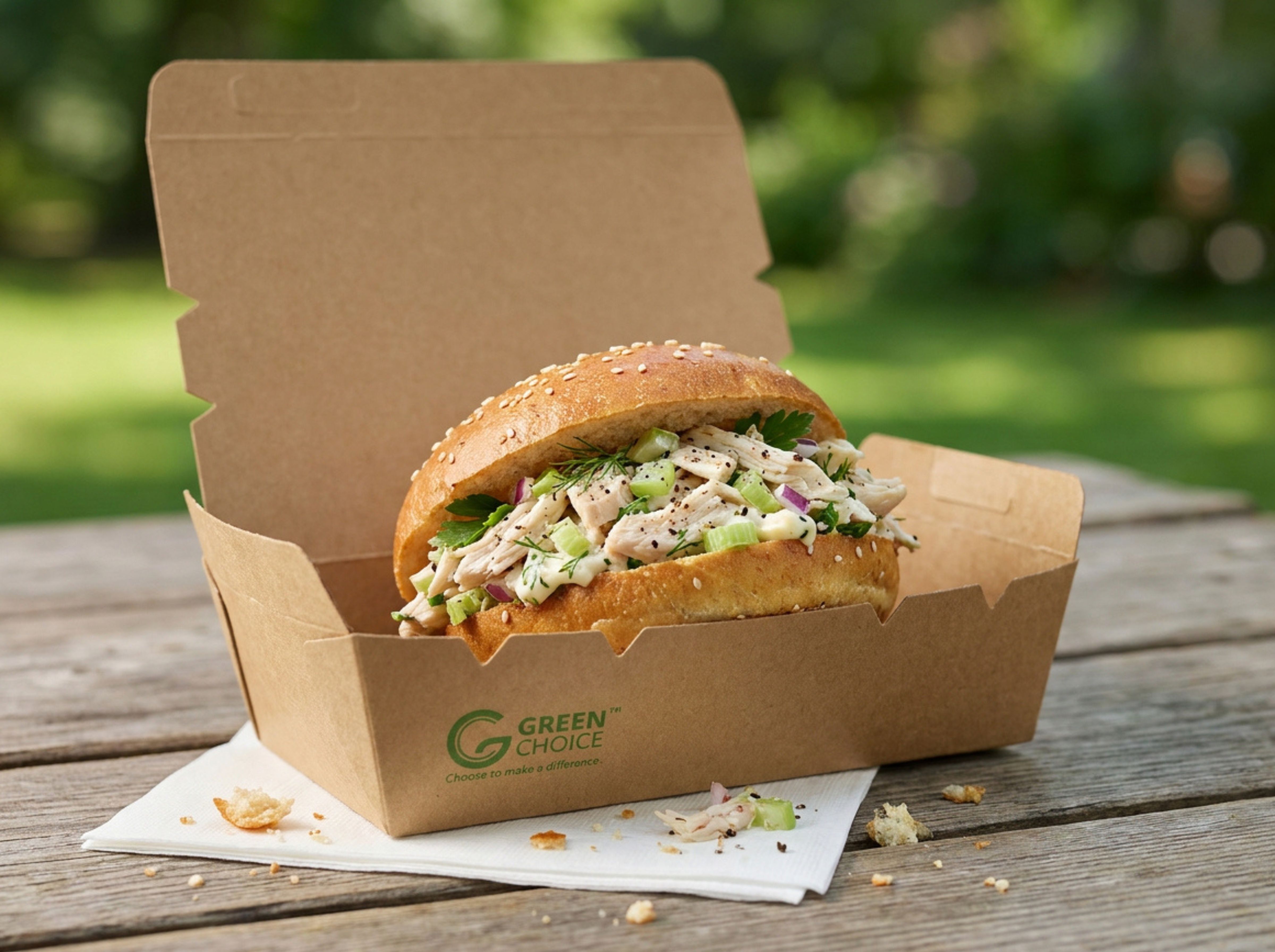 Green Choice takeaway container with a full bun sitting on an outdoor table