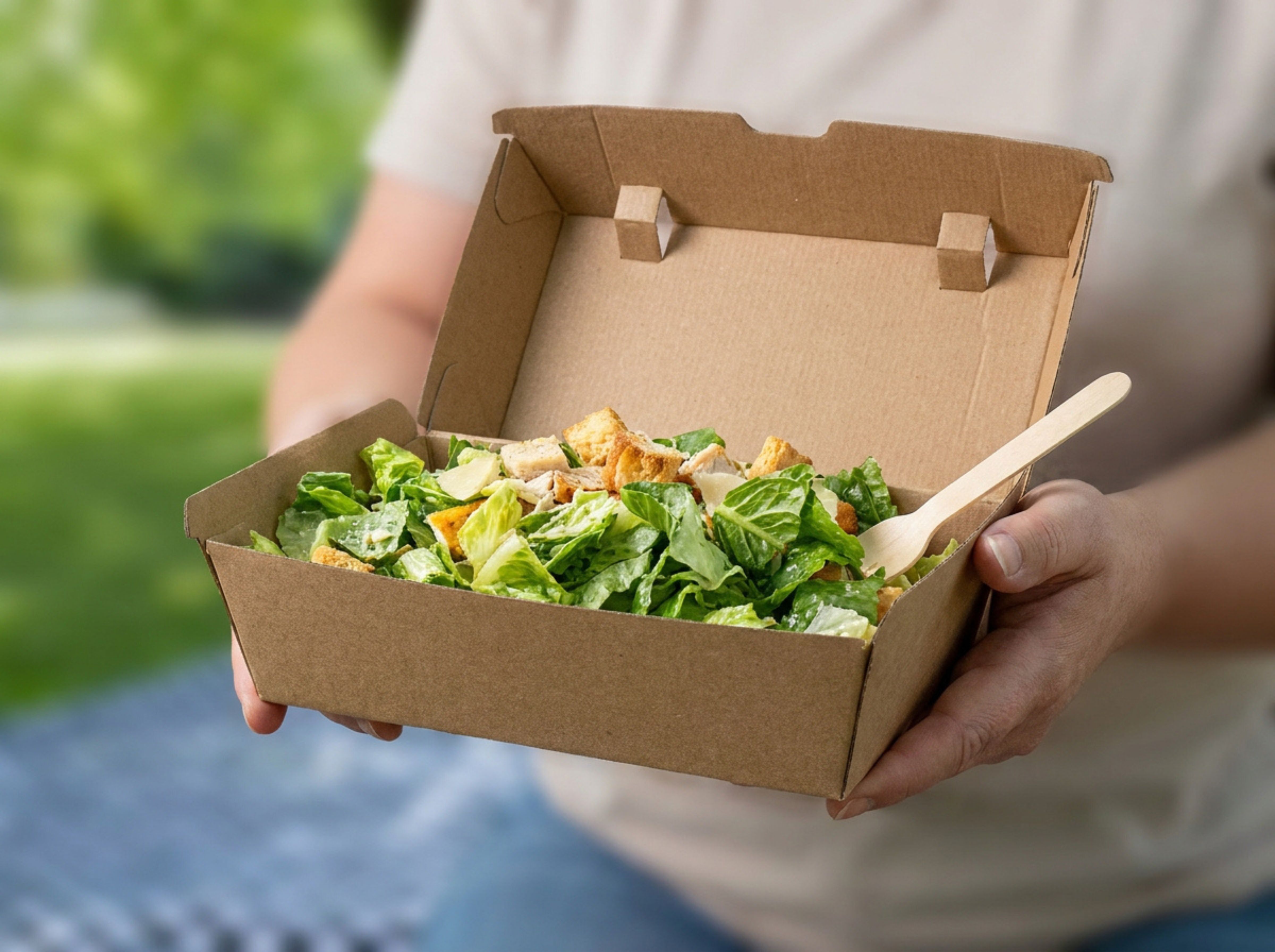 Someone holding a corrugated container full of salad outside