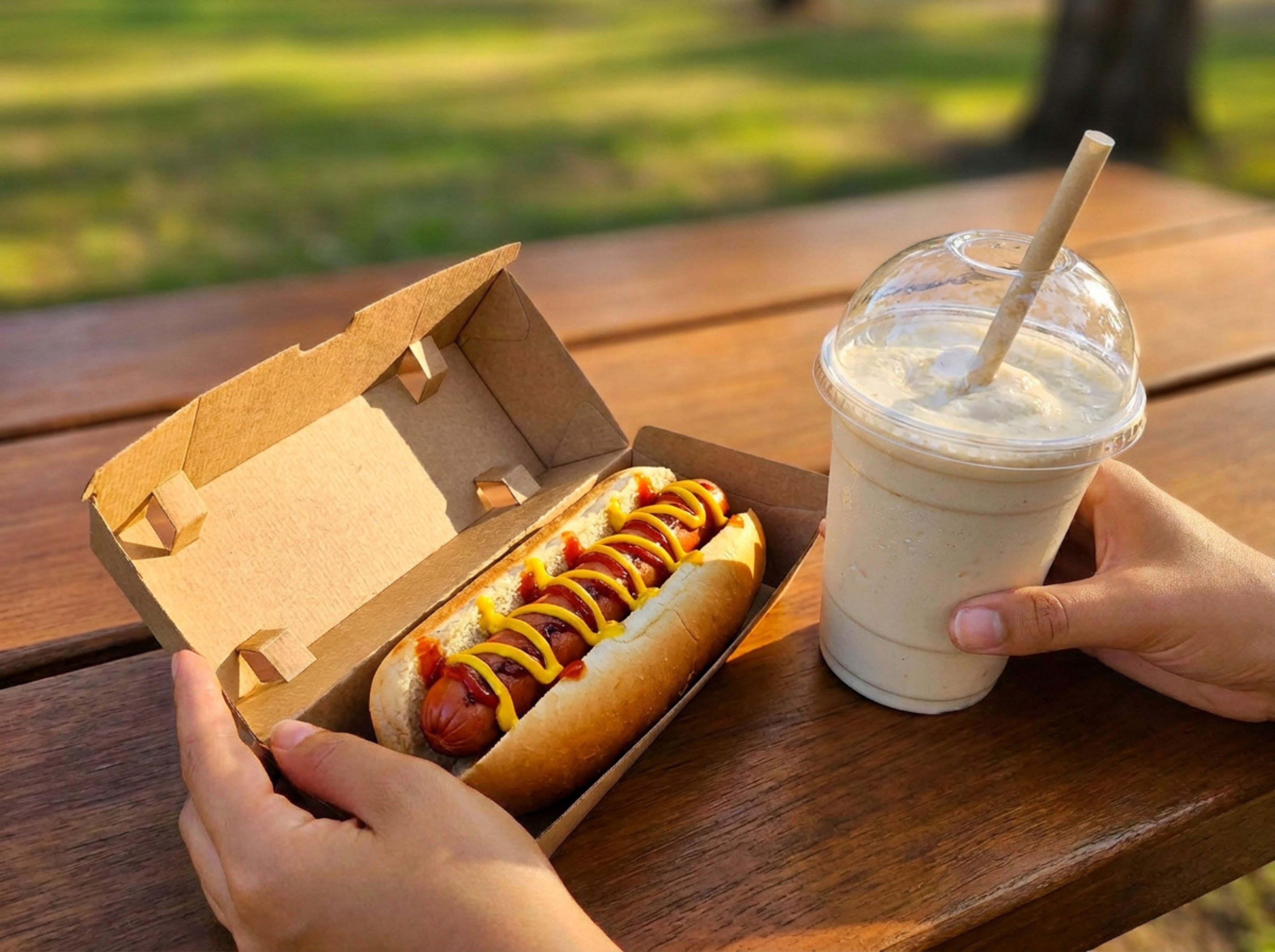 Someone is sitting at an outdoor picnic table. A Green Choice Hot Dog in a Hot Dog Box and a Green Choice Clear cup with a thick shake are sitting on the table in front of them.
