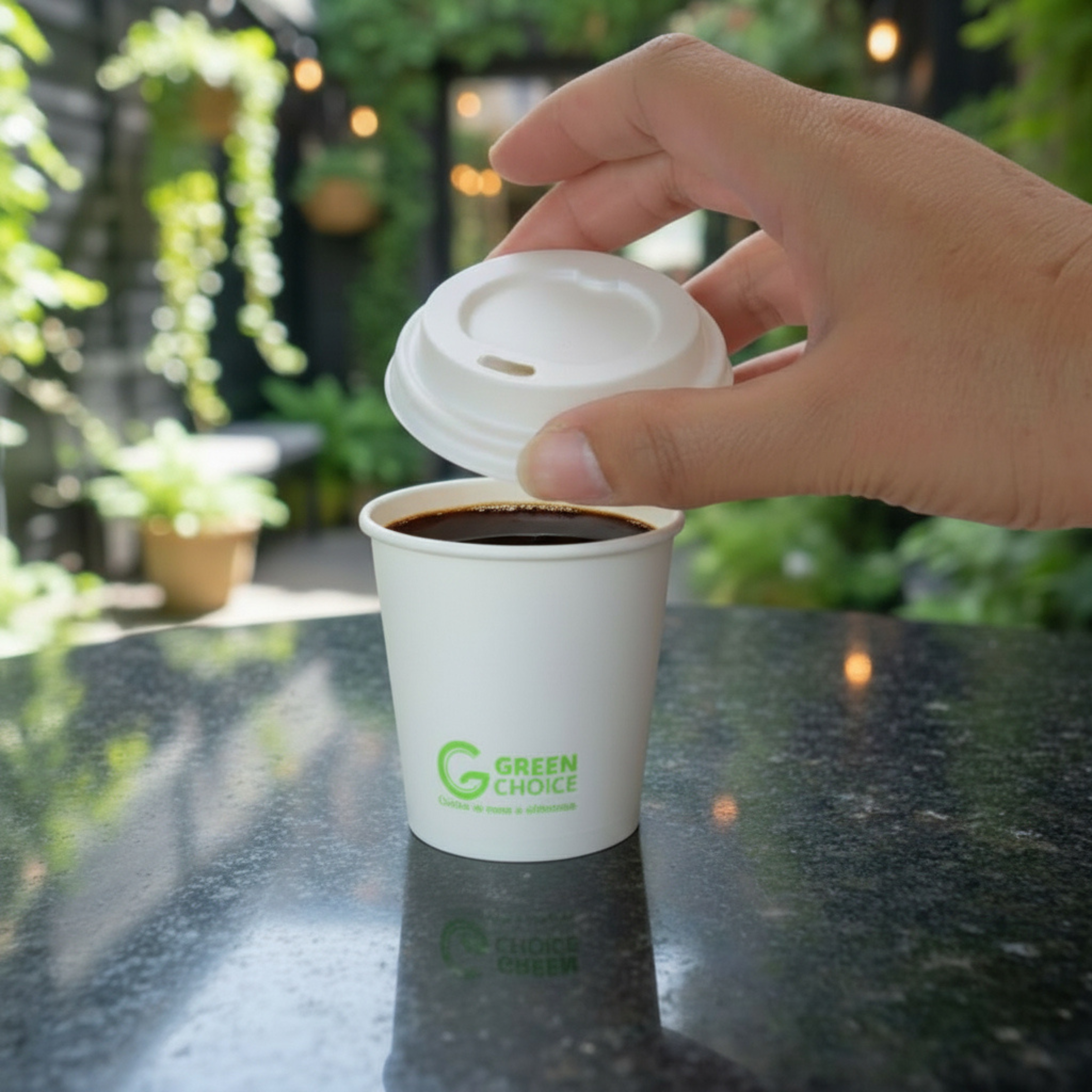 Someone holding a lid over a 4-oz Green Choice coffee cup filled with black coffee.