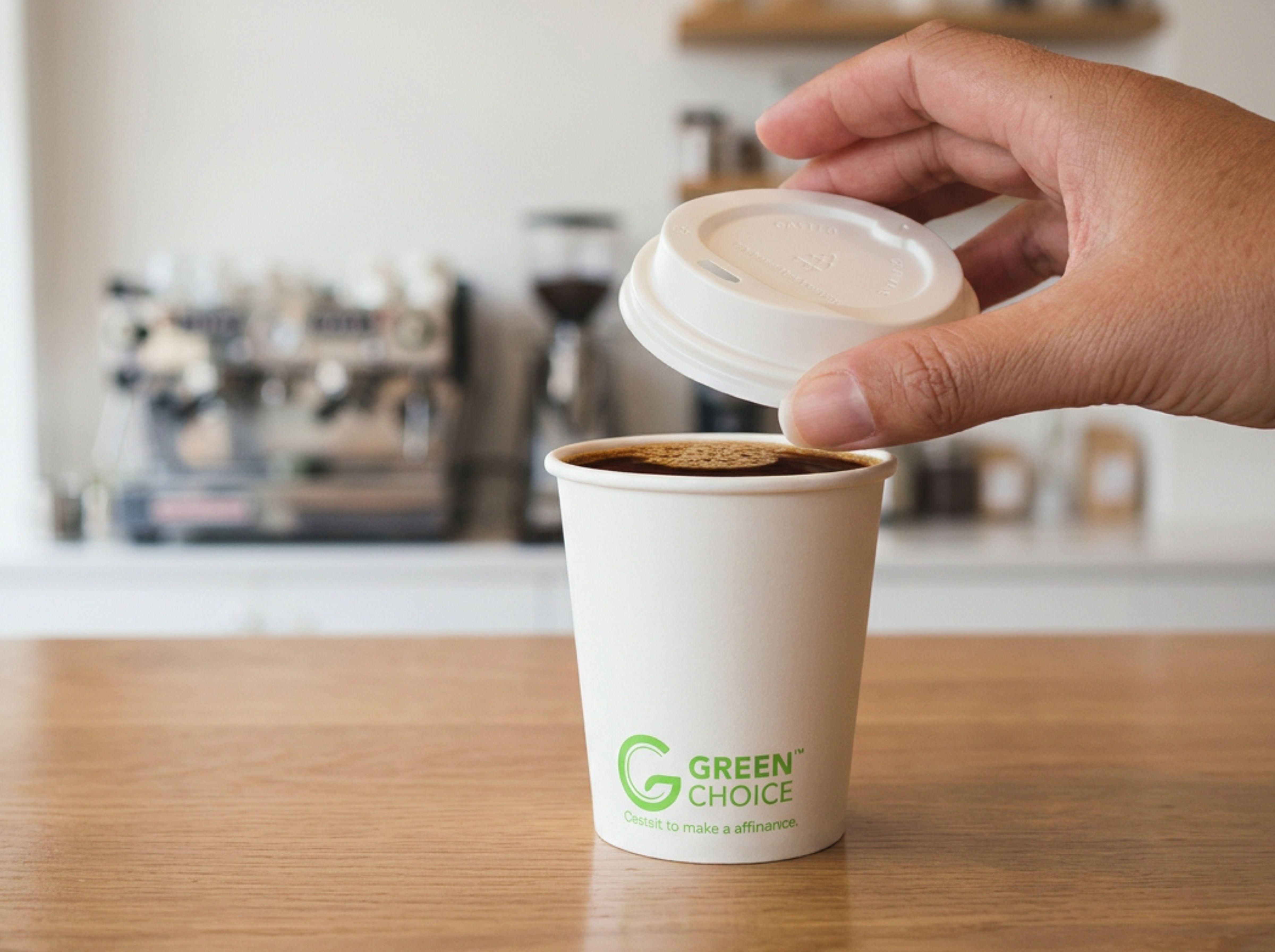 Someone holding a lid above a Green Choice 6-oz coffee cup filled with coffee.