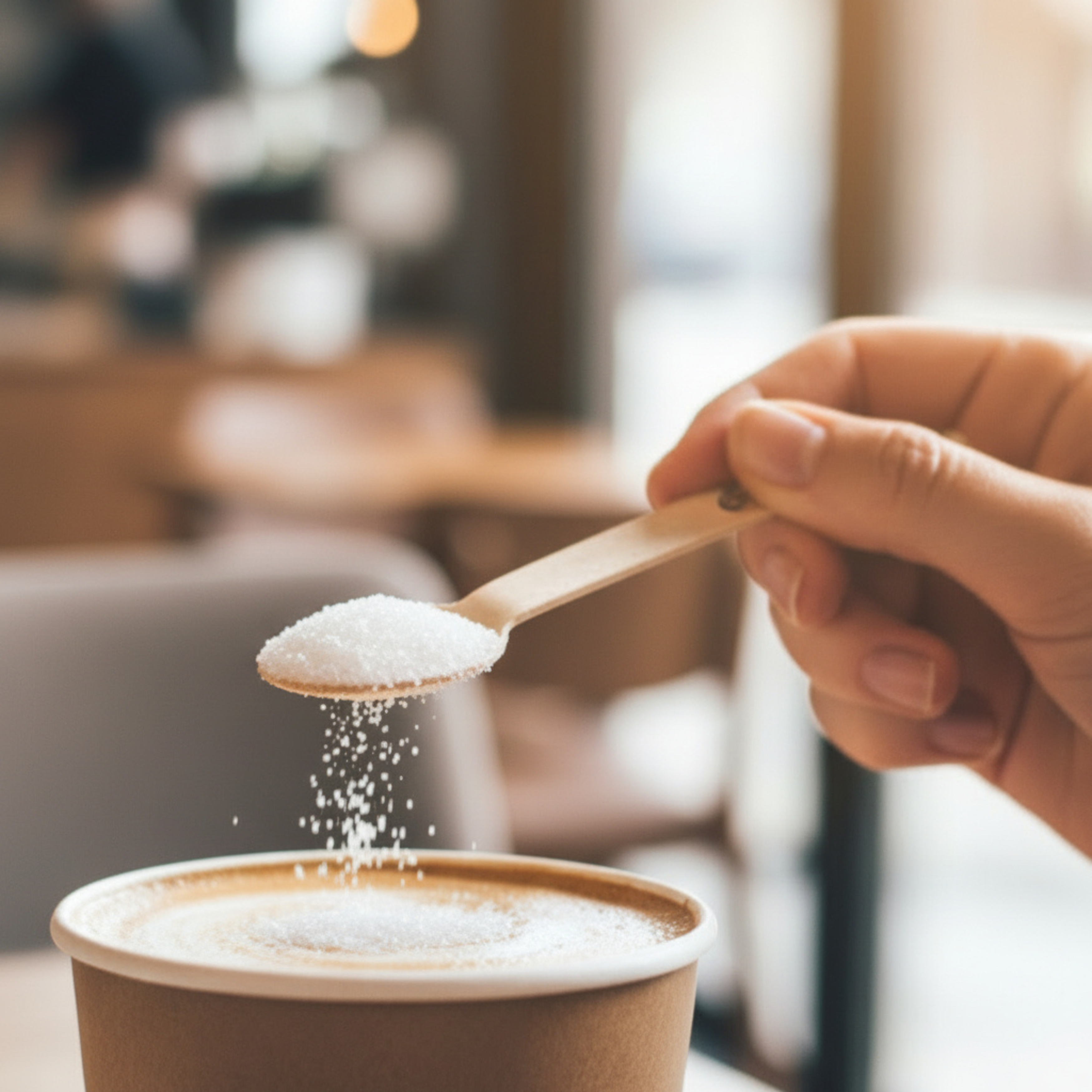 Someone is putting sugar in their coffee at a cafe.