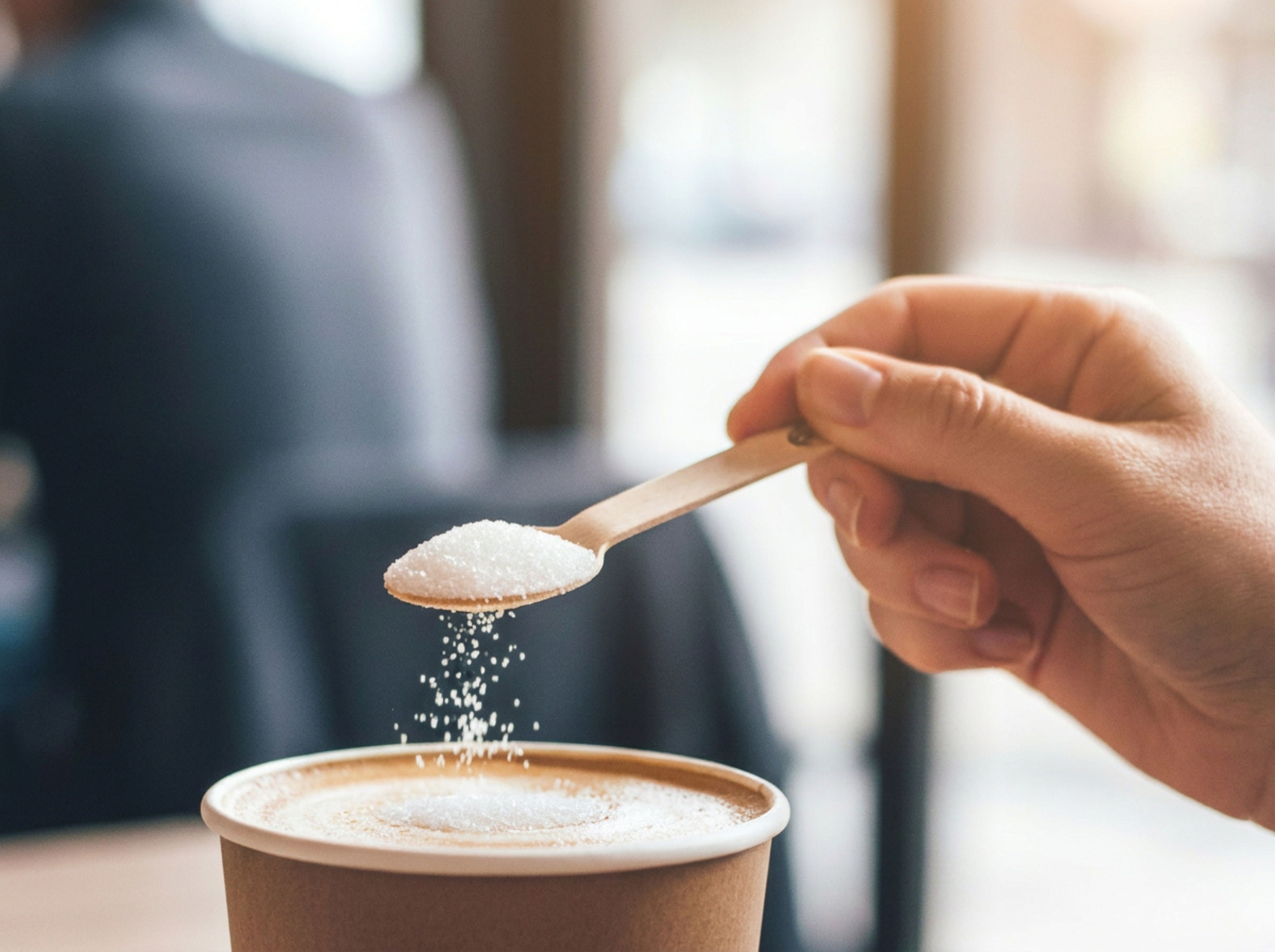 Someone is putting sugar in their coffee at a cafe.