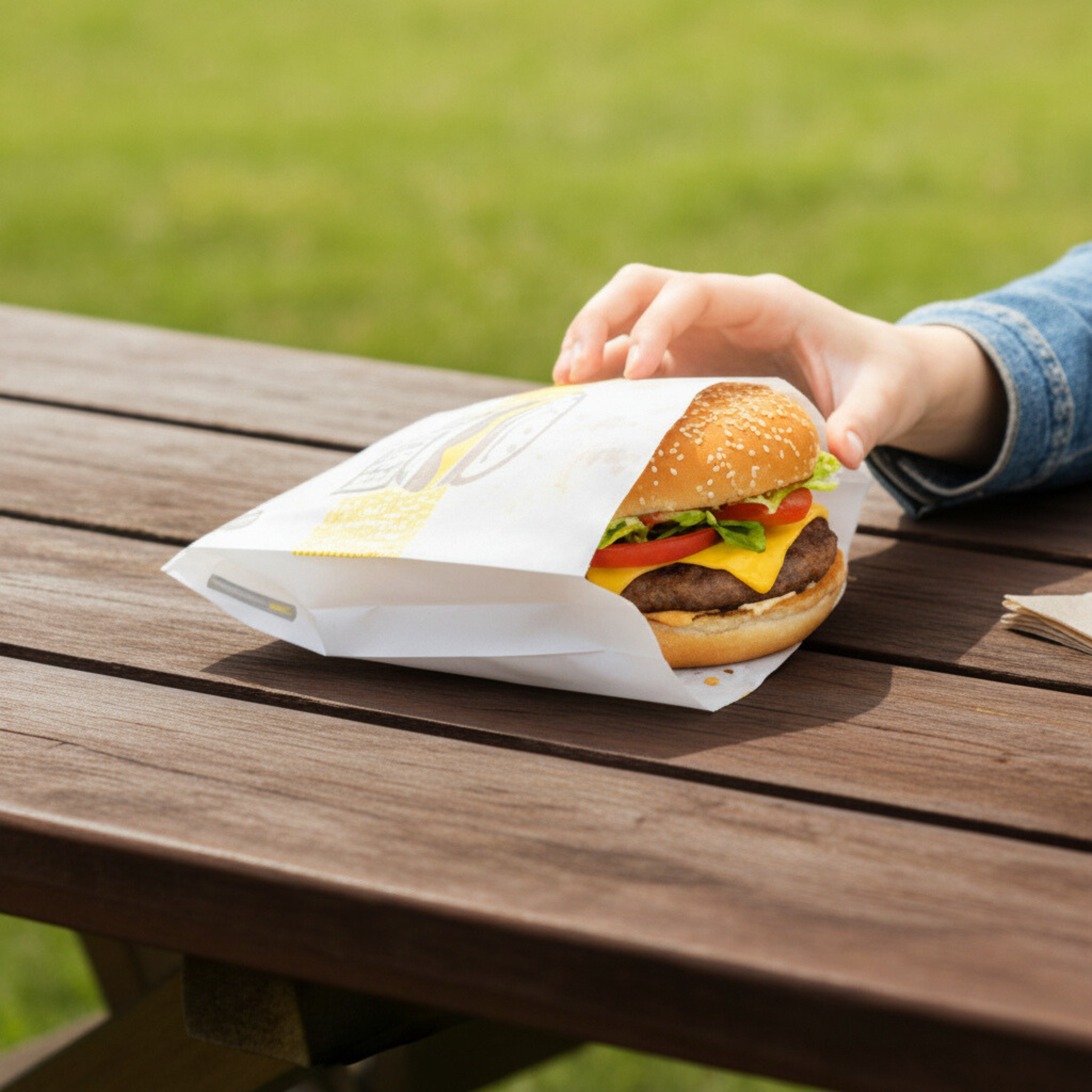 A burger in a Burger Bag sitting on a picnic table with someone reaching out for it.
