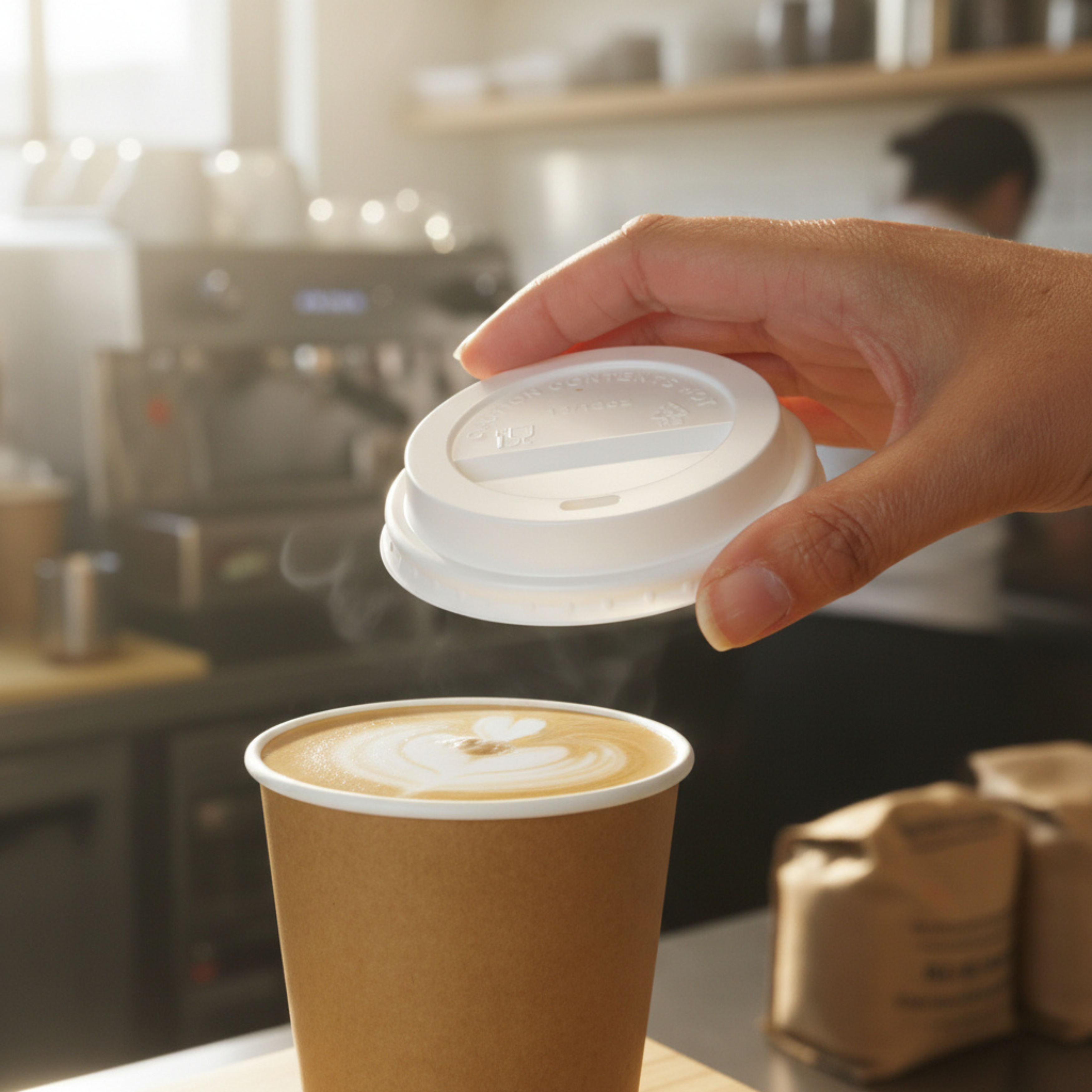 Someone holding a lid over a hot coffee