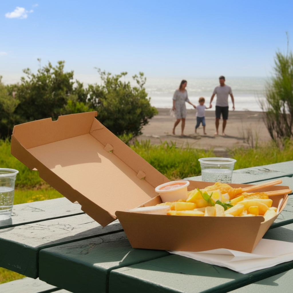 A Green Choice Family size corrugate box filled with fish and Chips sitting on a picnic table at the beach with a family in the background.
