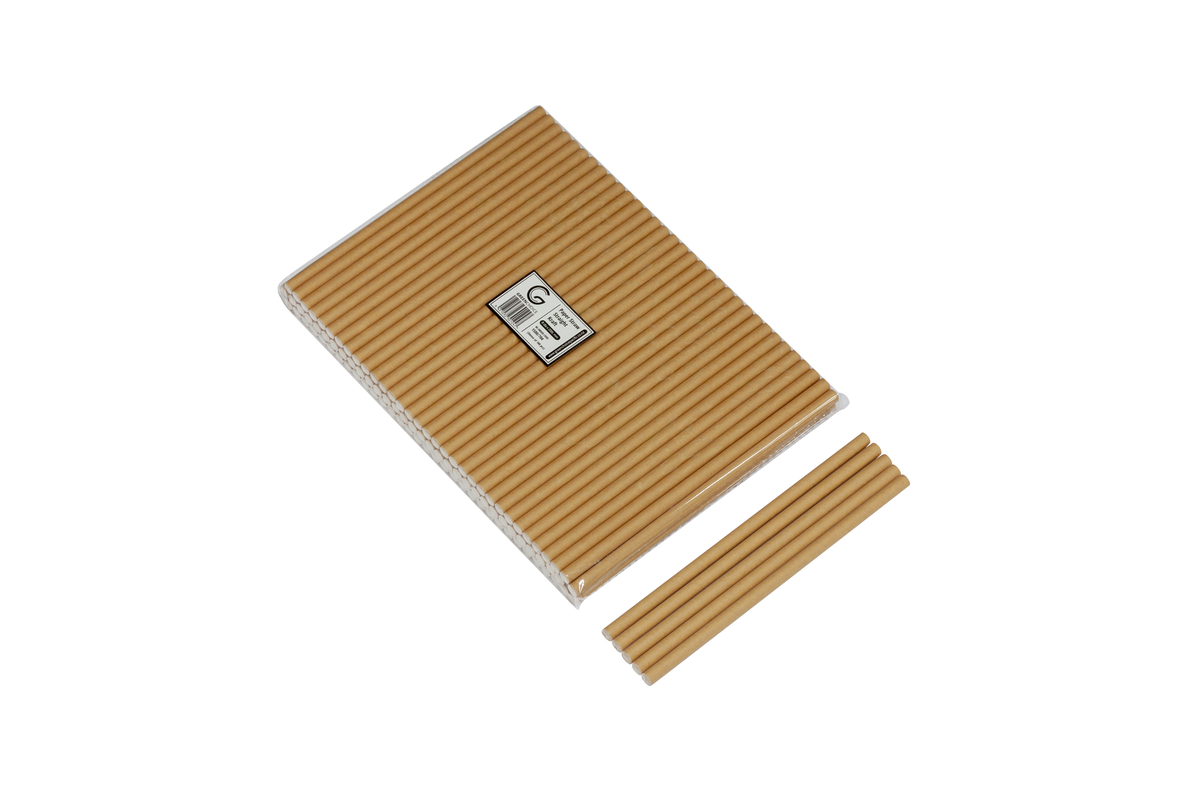 image of group of kraft coloured paper straws on white background.