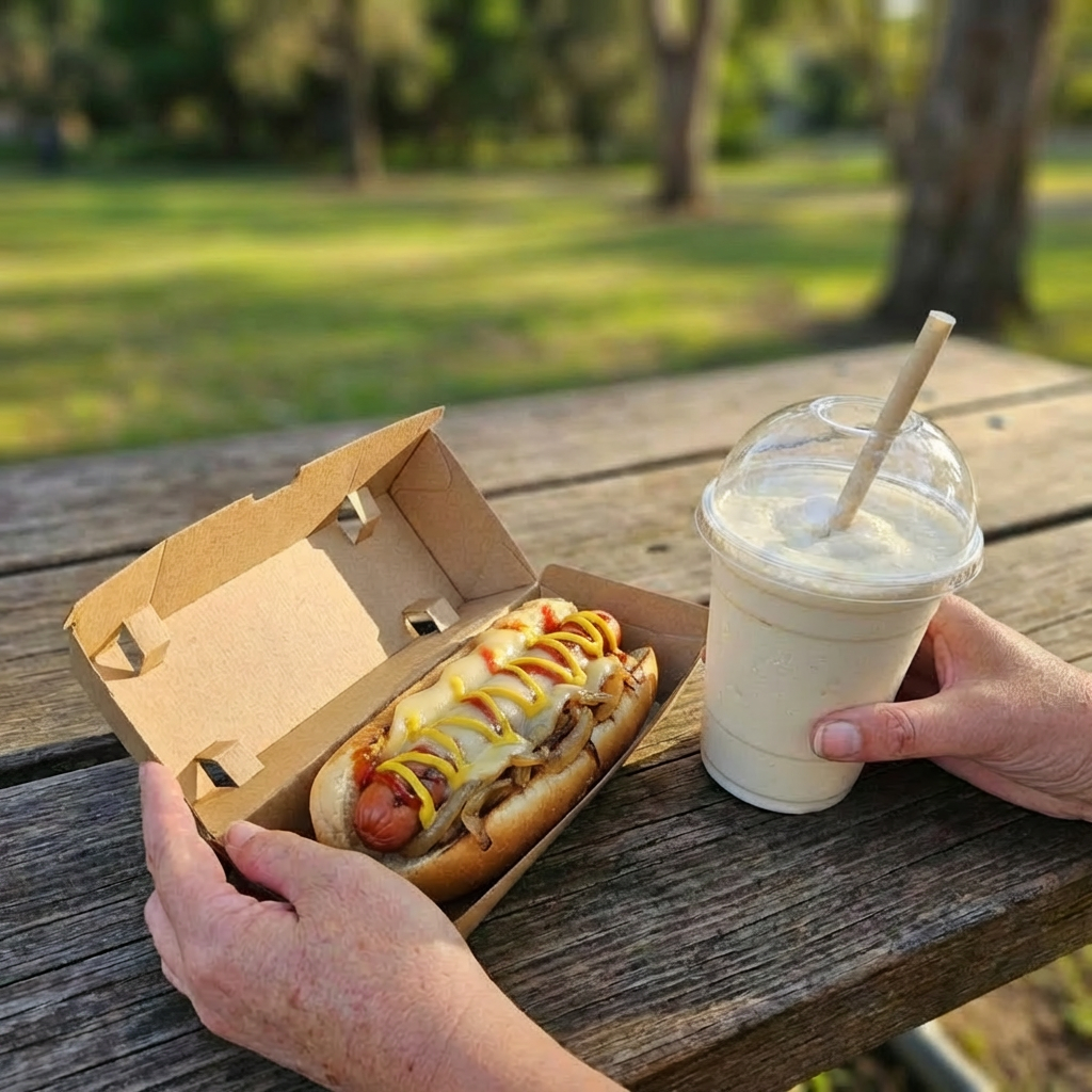 Someone is sitting at an outdoor picnic table. A Green Choice Hot Dog in a Hot Dog Box and a Green Choice Clear cup with a thick shake are sitting on the table in front of them.