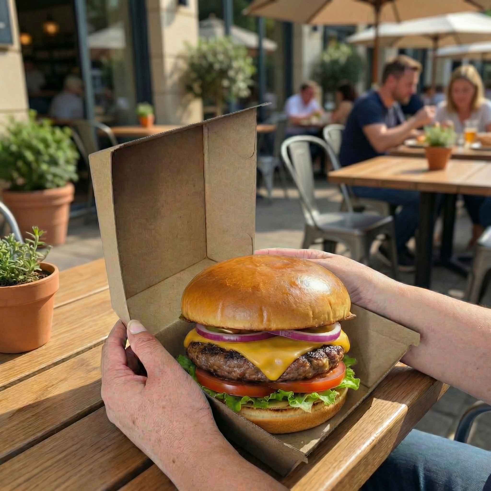 A very large burger sitting in a Green Choice burger box on an outdoor cafe table.