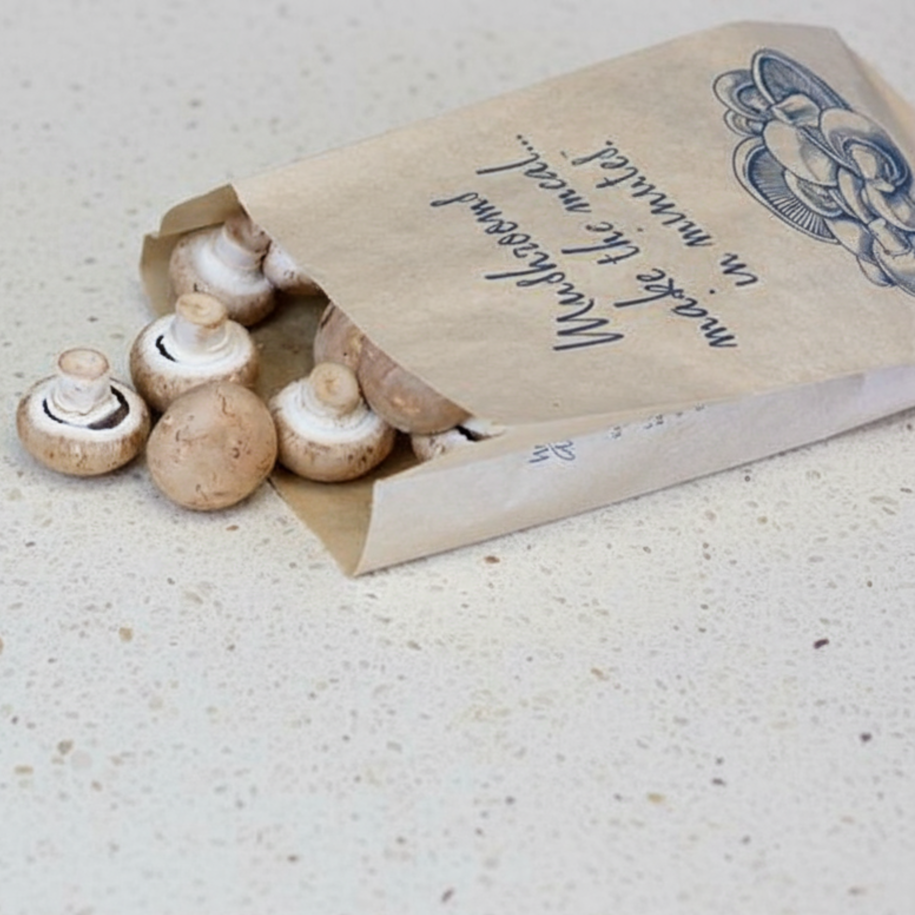 Green Choice Mushroom bag filled with mushrooms, spilling out onto the bench