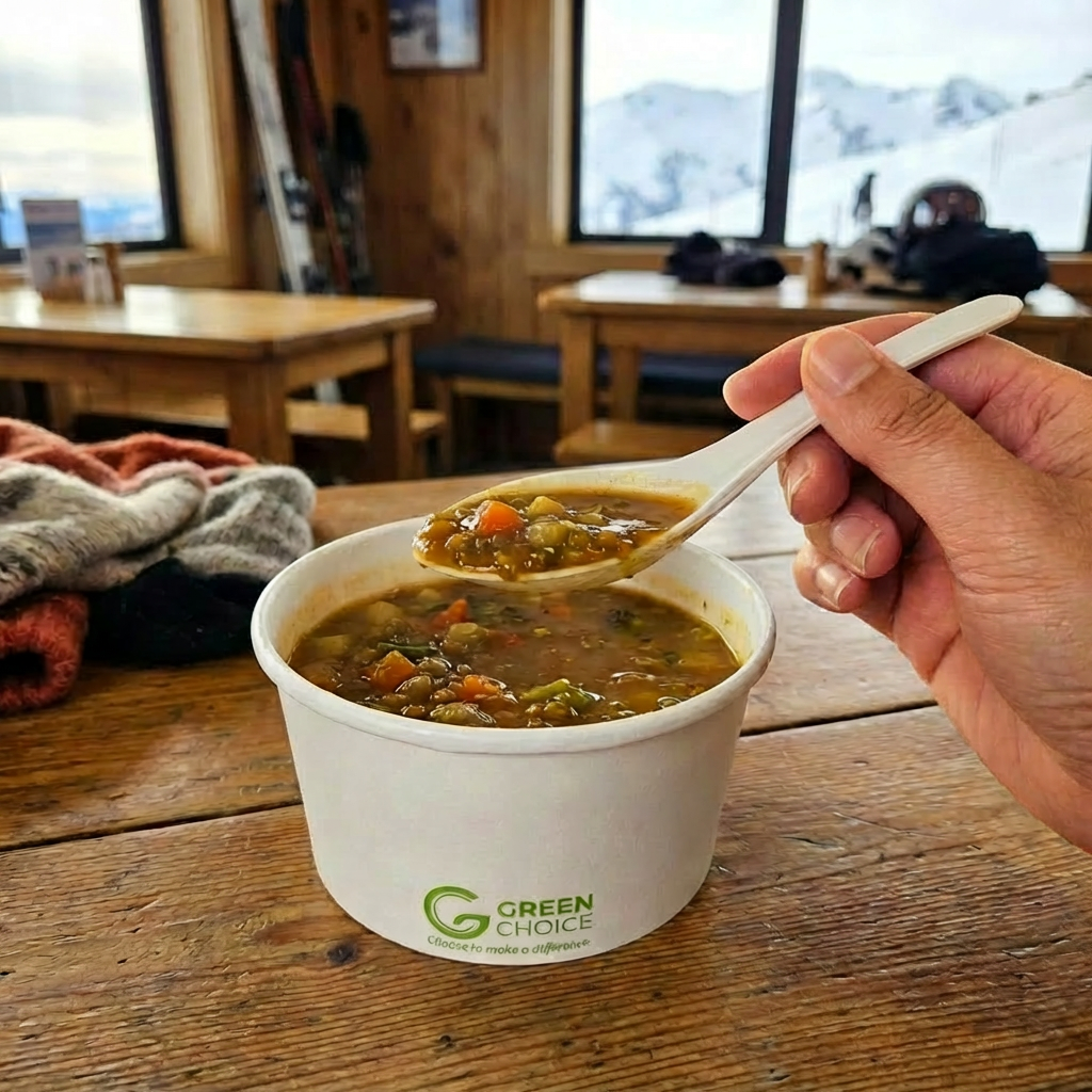 A Green Choice sugarcane cutlery being held above a Green Choice single-wall soup bowl fill of a hearty soup.