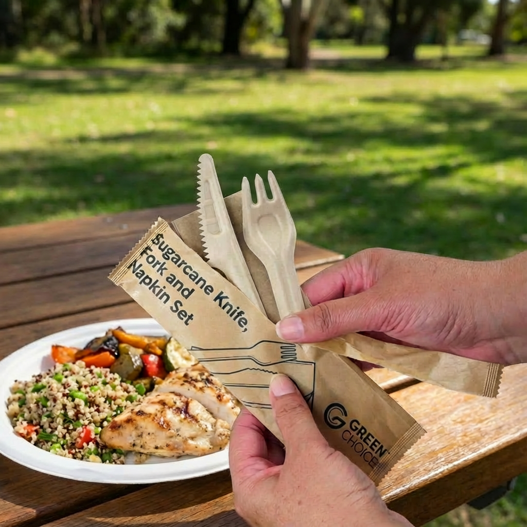 An open Sugarcane cutlery set is being held in front of a meal.