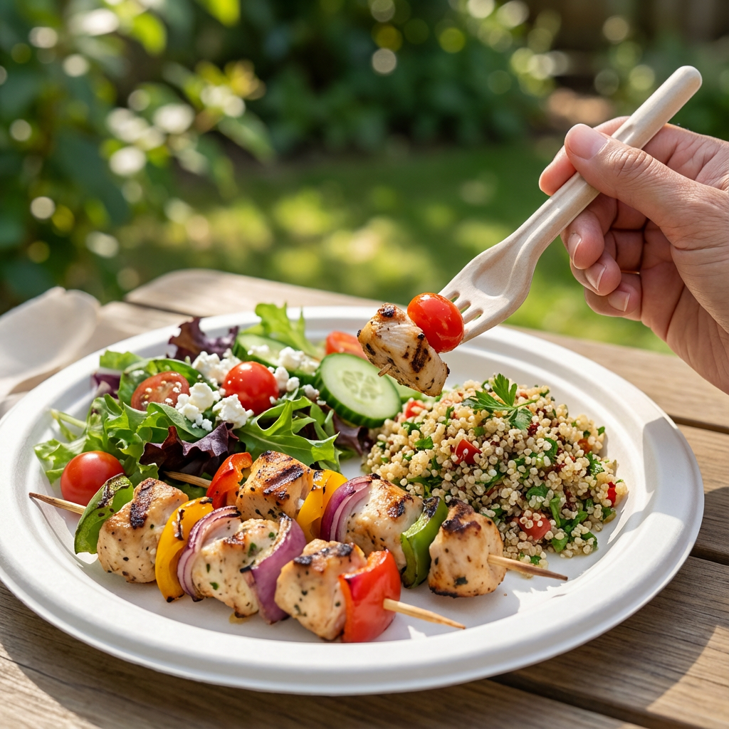 Someone holding a Green Choice Sugarcane fork is ready to eat their meal.