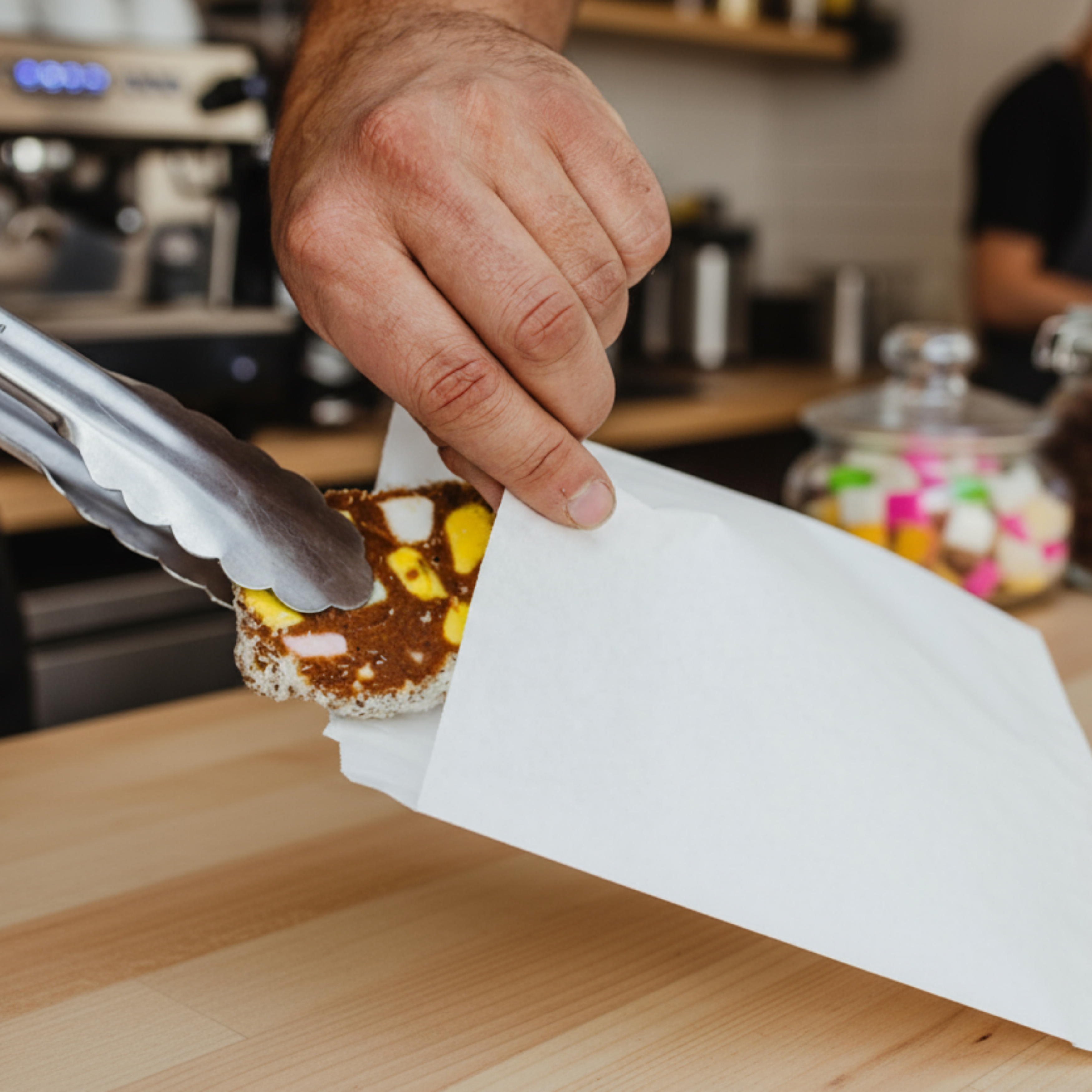 A man putting a lolly cake into a Green Choice White confectionery bag