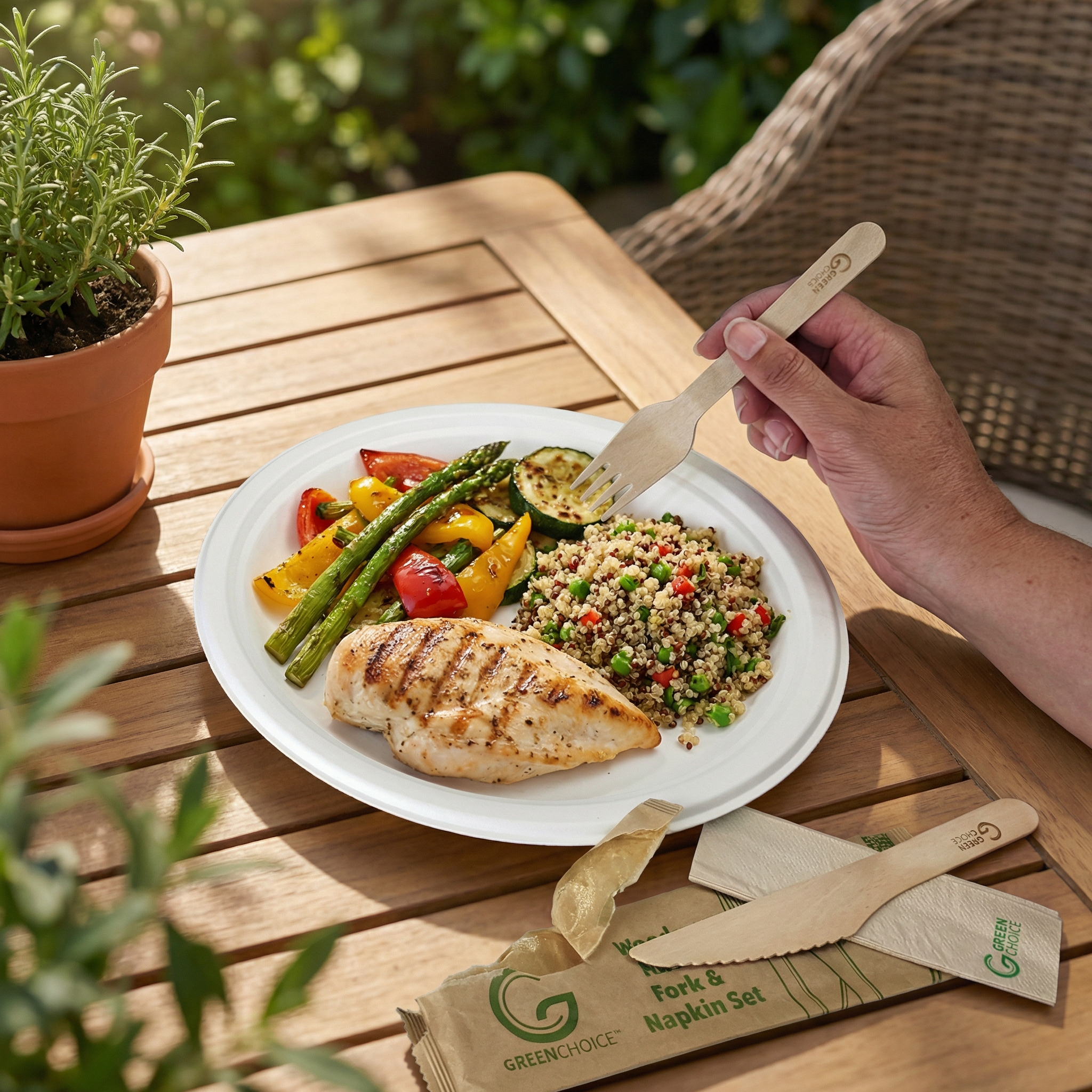 Someone holding a wooden fork, which has come from a Green Choice wooden cutlery set, the open packet sits on the table next to their meal.