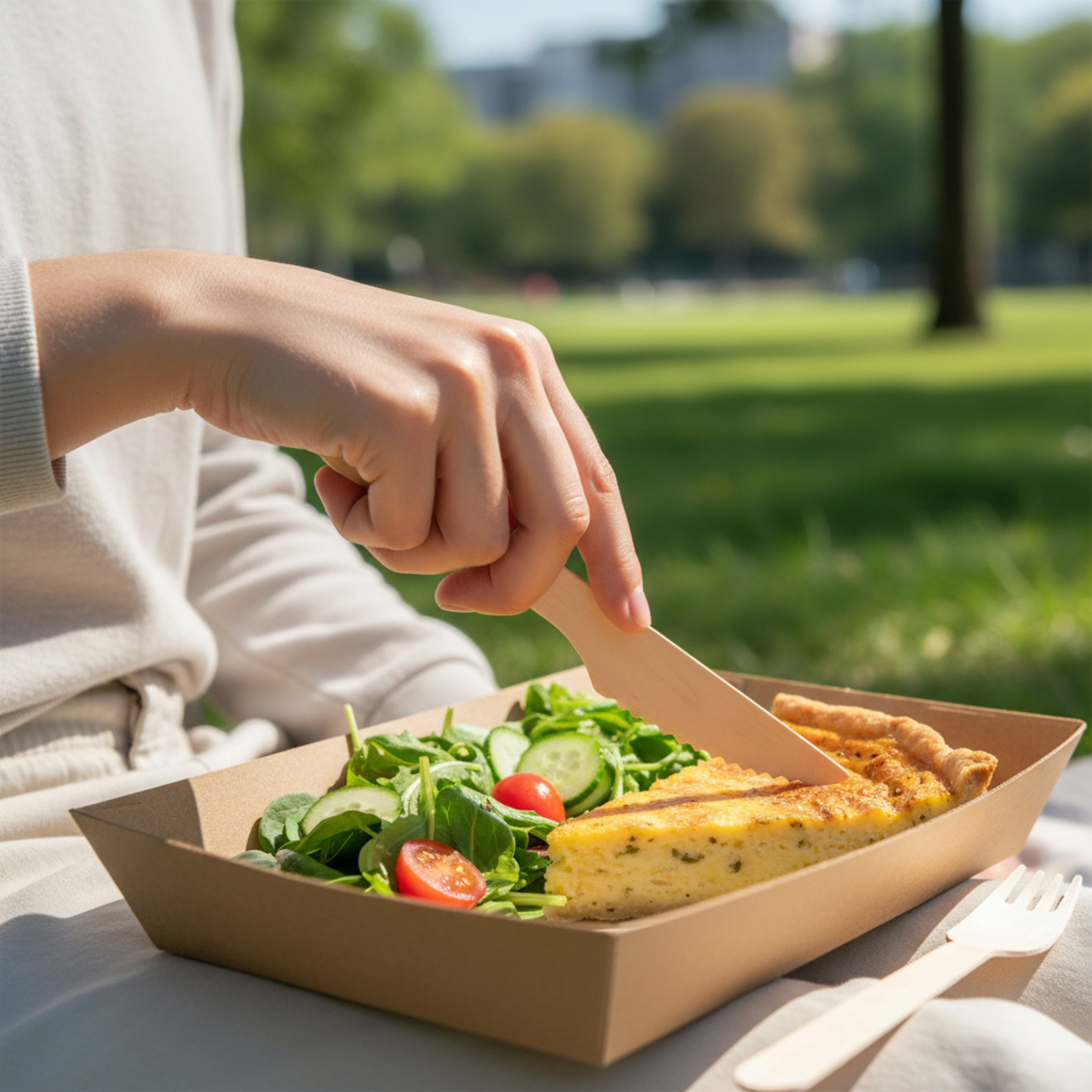 Someone holding a wooden knife over a corrugated tray of food.