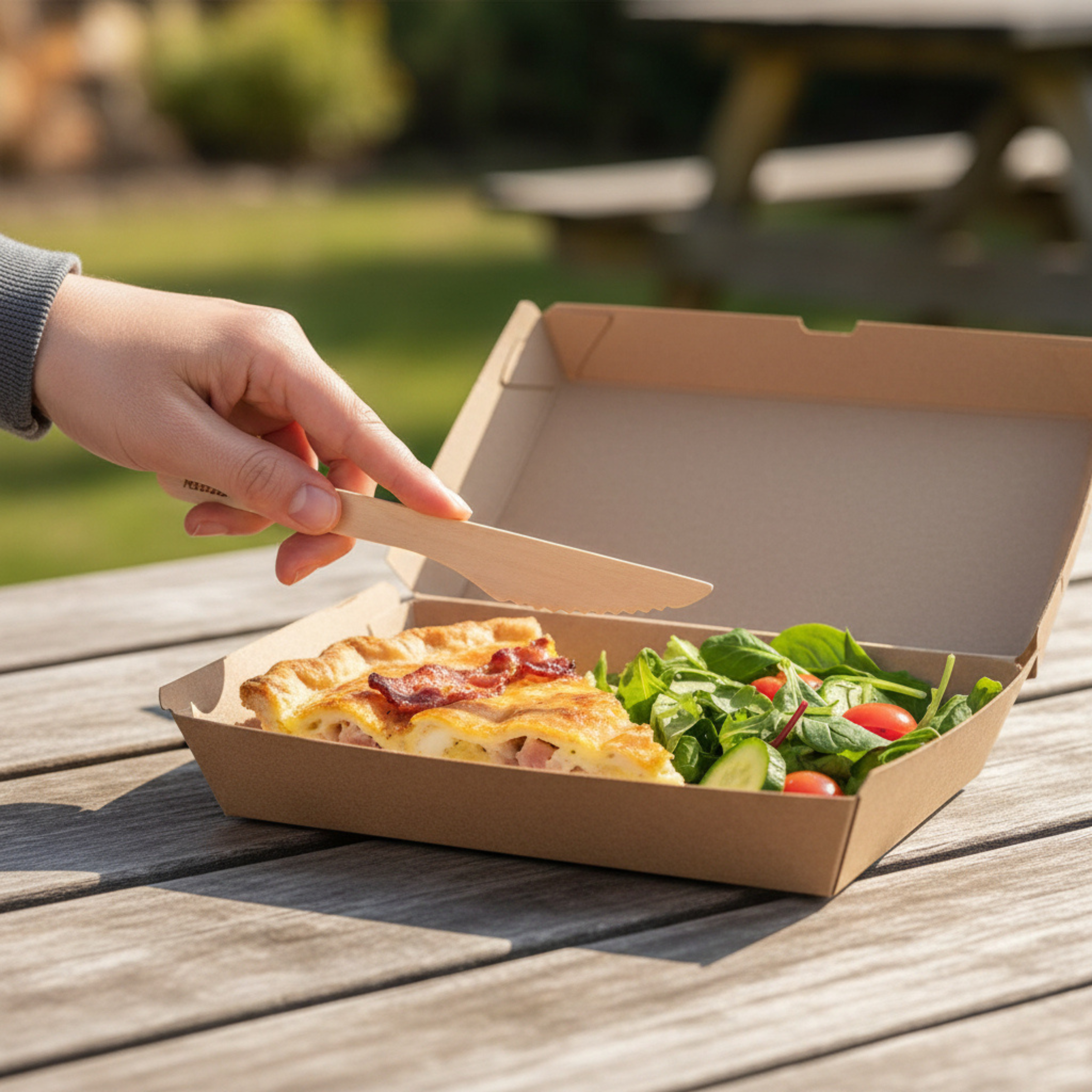 Someone holding a wooden knife over a corrugated container of food.
