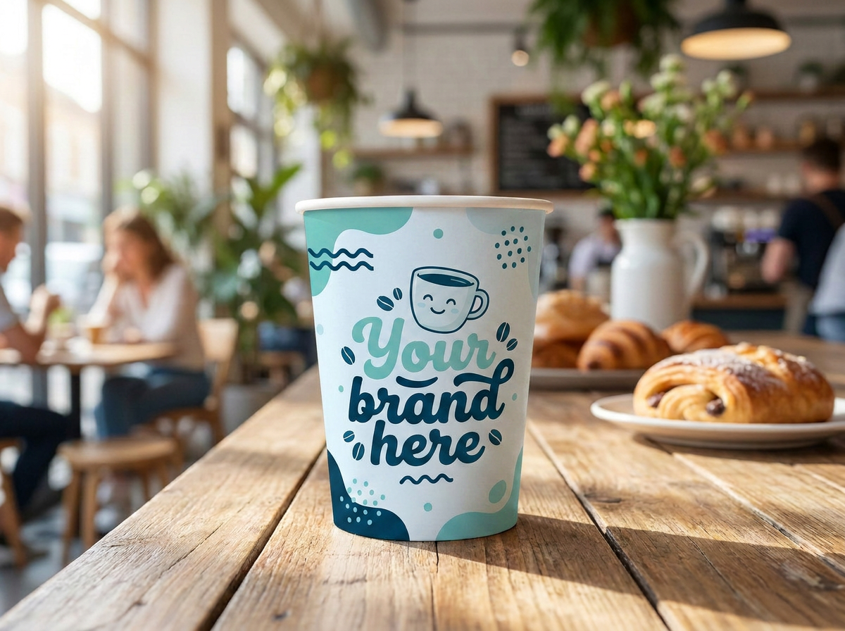 Coffee Cup saying "Your Brand Here"  On wooden Cafe Bench