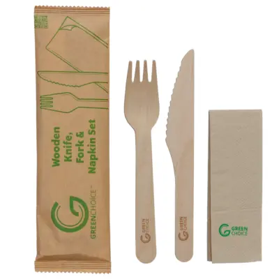 Green Choice Wooden Cutlery Set - Knife Fork & Napkin
