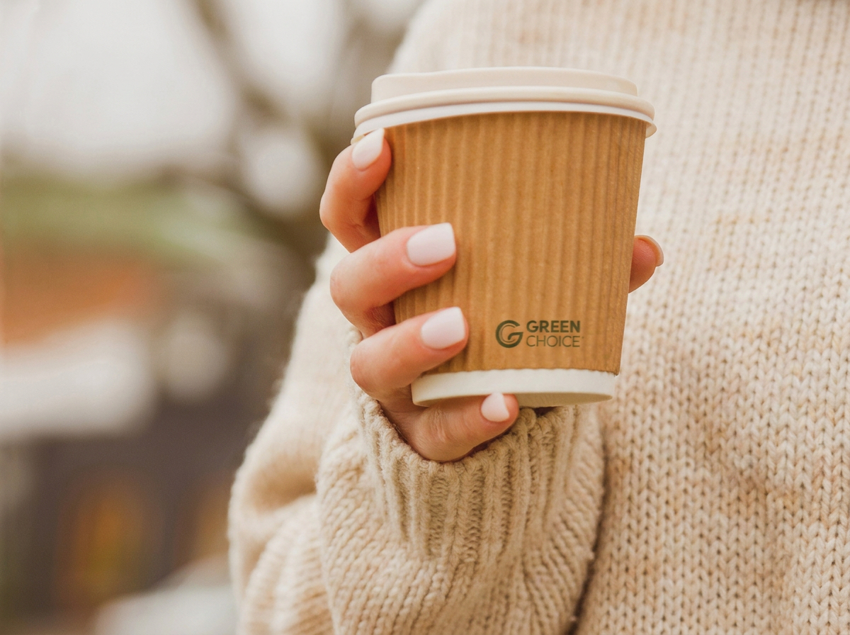 Someone holding a Green Choice Ripple wall cup fill of coffee