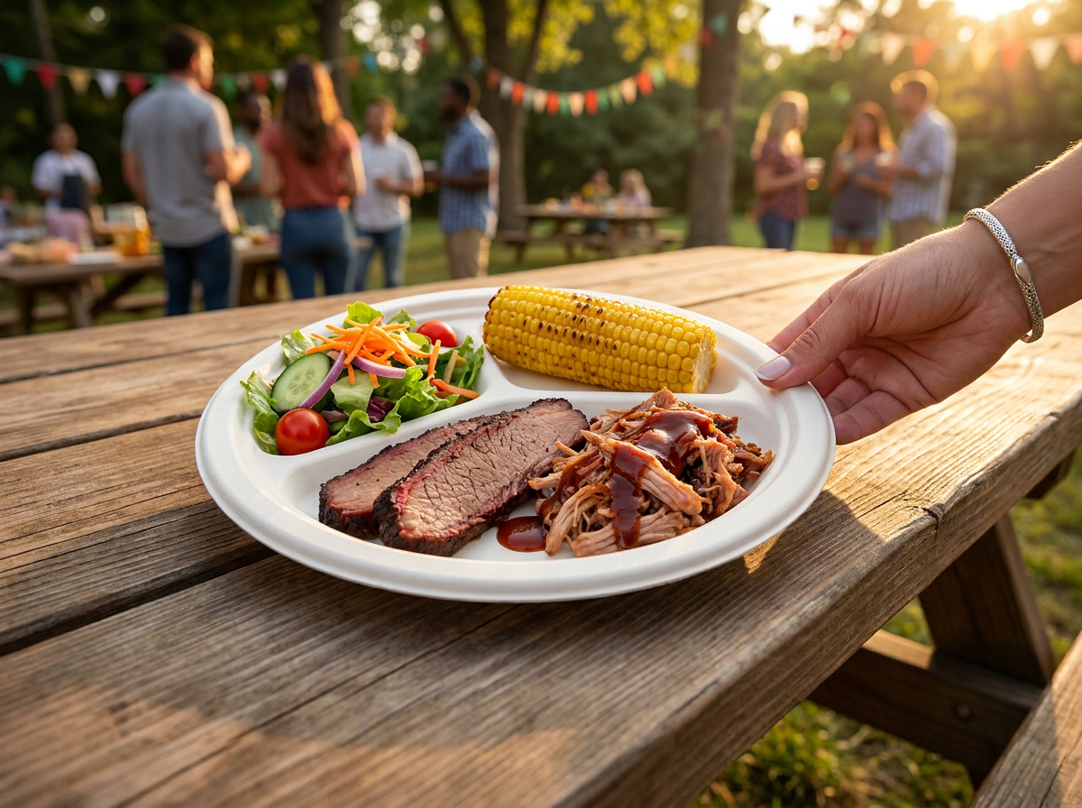 Sugarcane 3-compartment plate with food sitting on an outdoor table