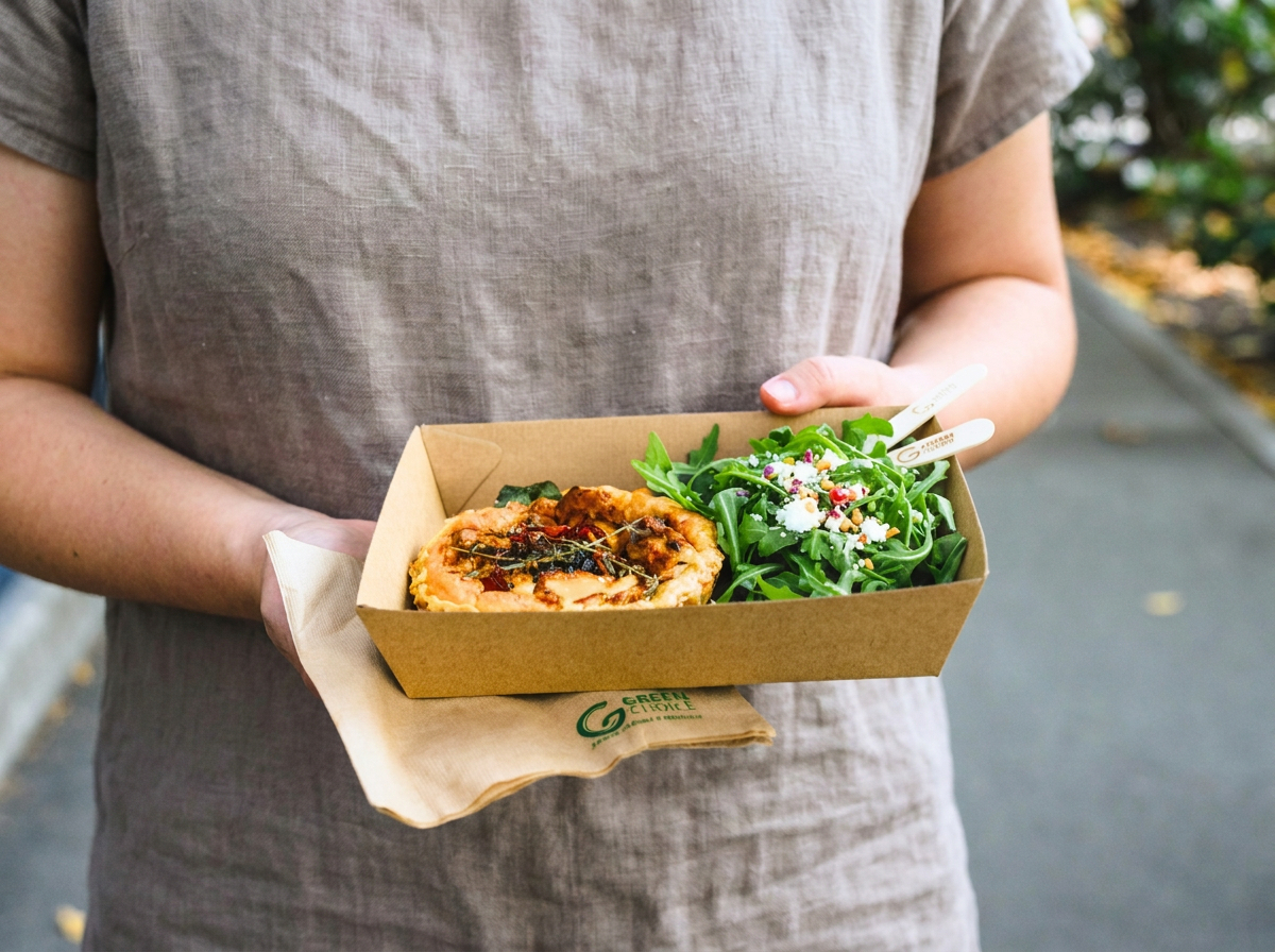 Lady holding a Green Choice Corrugate tray filled with a quiche and a salad.