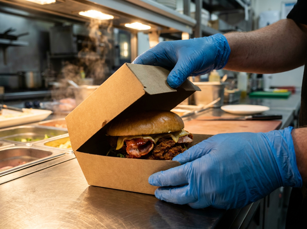A very large burger sitting in a Green Choice burger box in a takeaway kitchen.