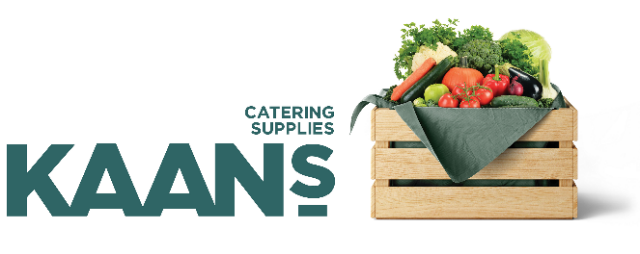 Kaans Catering Supplies Logo with wooden crate of Fresh veggies