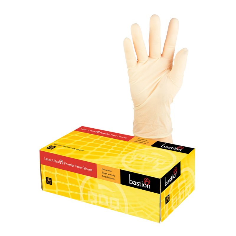 Bastion Ultra latex glov on hand model and inner box.