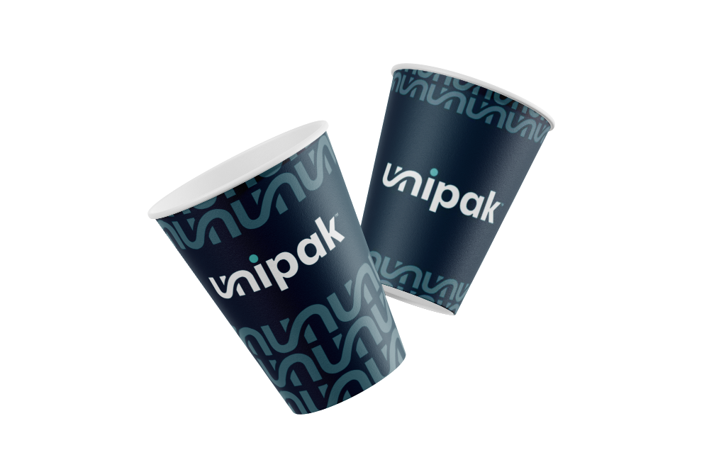 Two Unipak branded single wall coffee cups on white background.