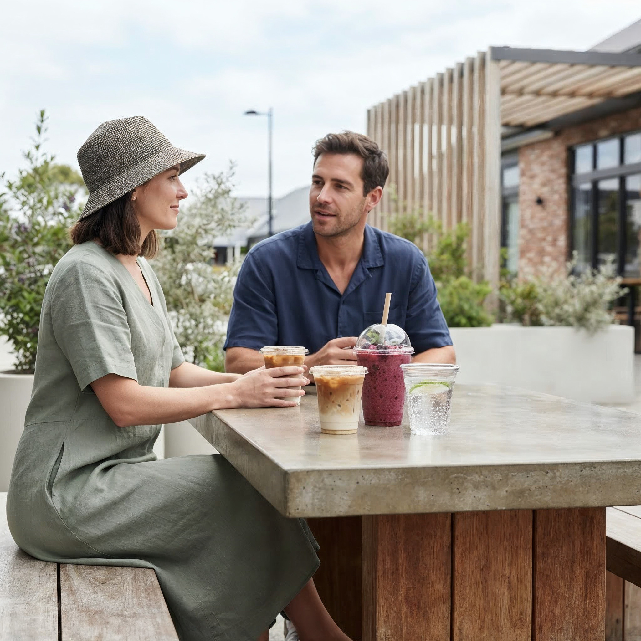 couple at outdoor cafe with PET clear cold cups