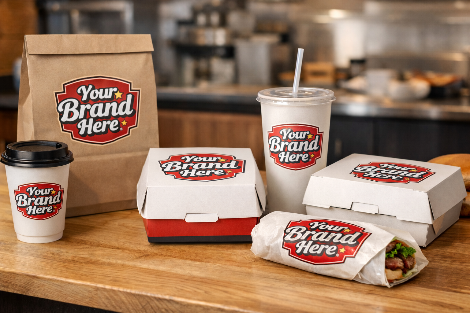 Selection of takeaway food packaging products on a table in a quick serve restaurant, custom brandable with Your Brand Here on them in a bold red and black theme