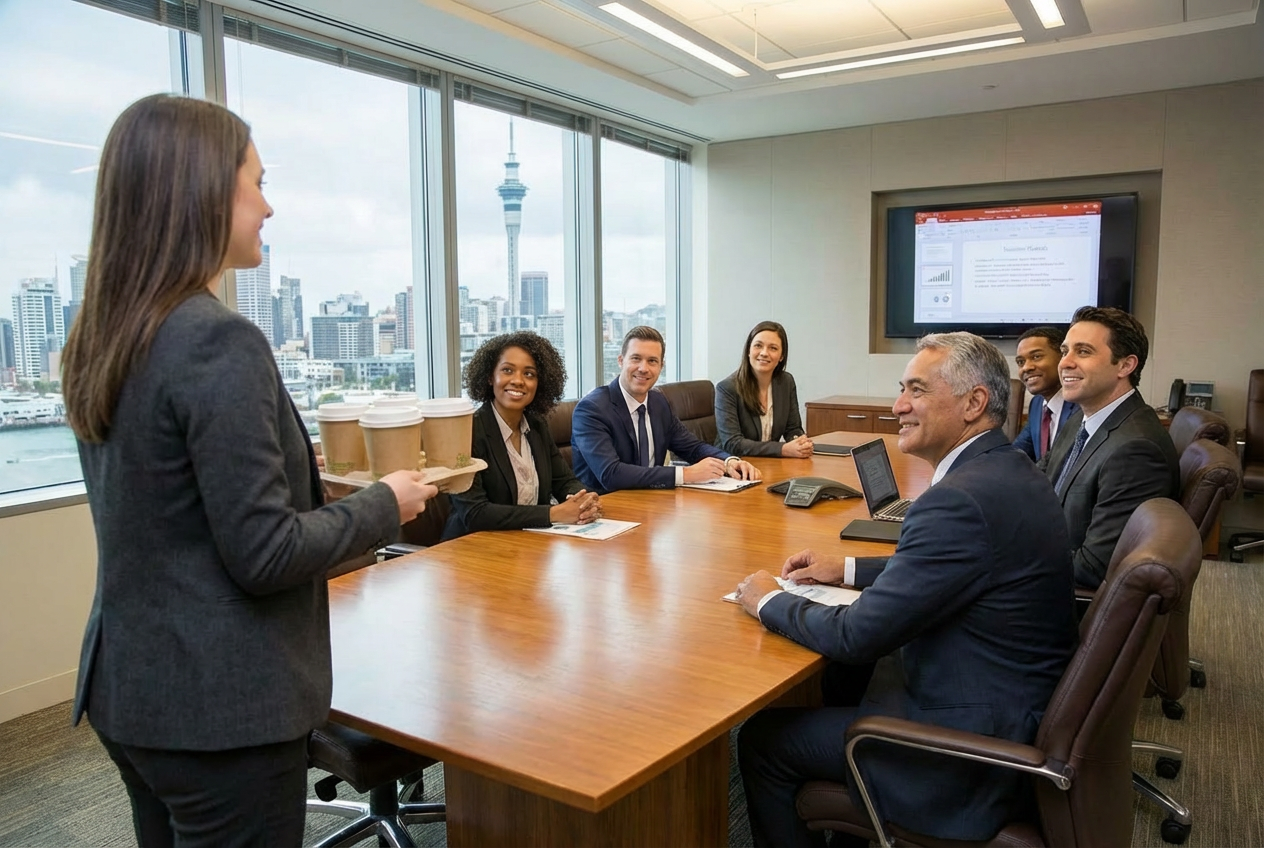 Person delivering hot drinks to boardroom meeting in Auckland