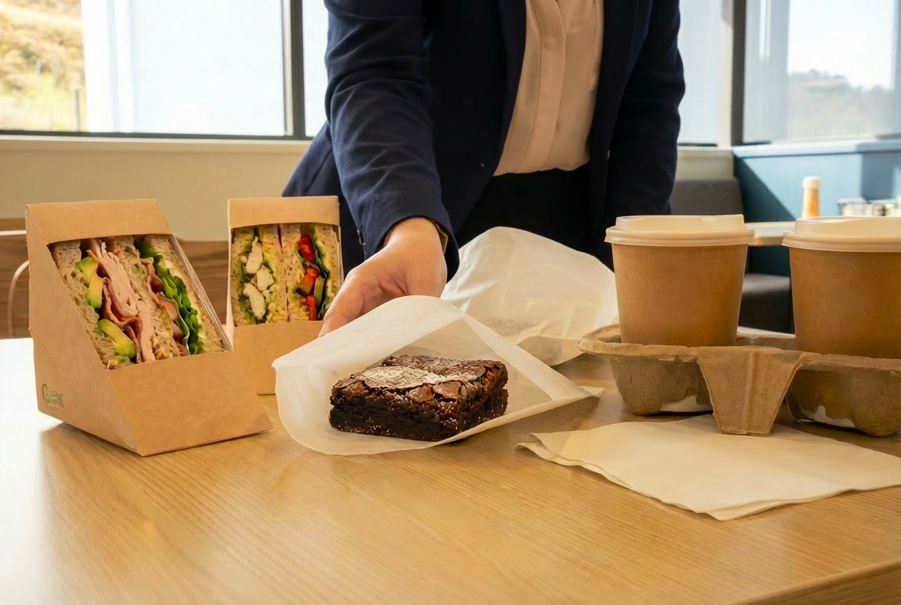 Sandwiches, brownies, and coffee  lunch to go, office lunch catering, delivery in lunch room