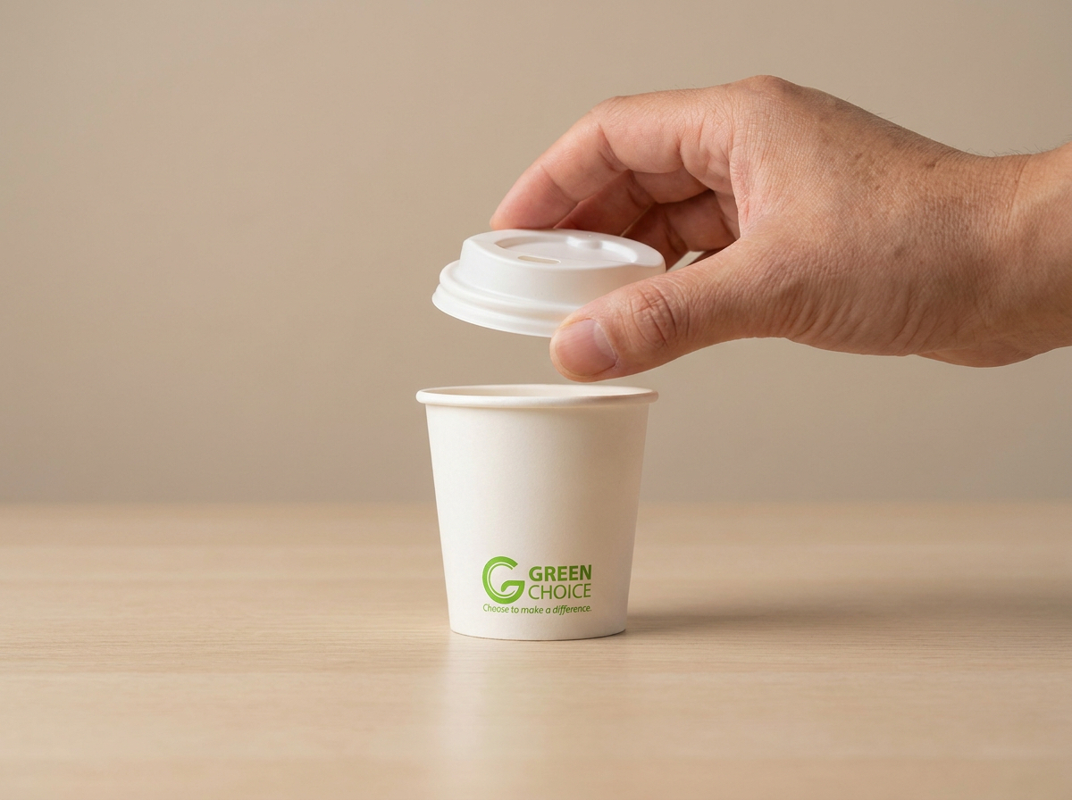 small green choice coffee cup with hand putting on lid on neutral beige background