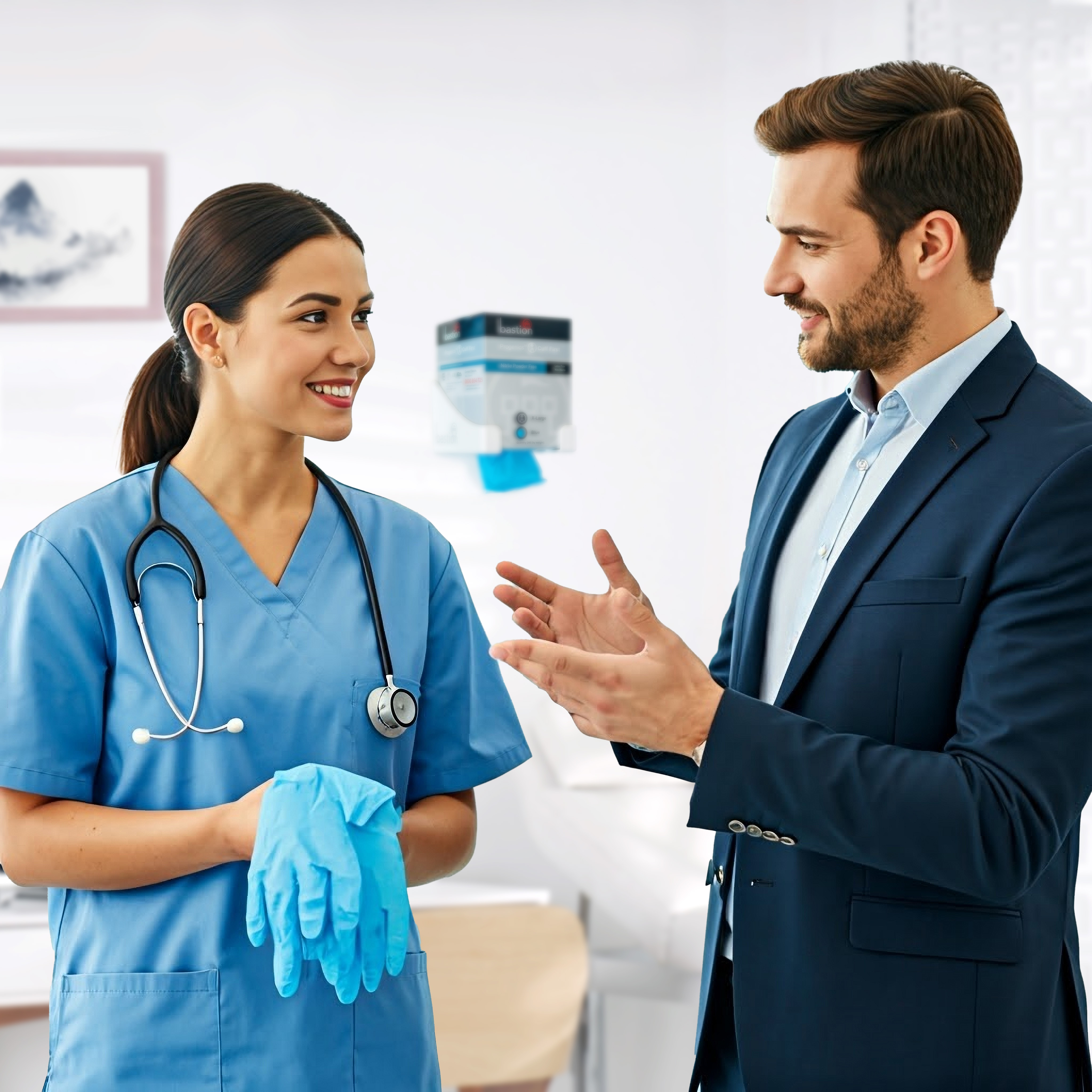 two people talking in medical setting. Female healthcare provider wearing blue medical scrubs and stethoscope while holding pair of disposable blue nitrile gloves while talking with male sales representative in suit. Progenics cuff first dispenser mounted on wall in background.